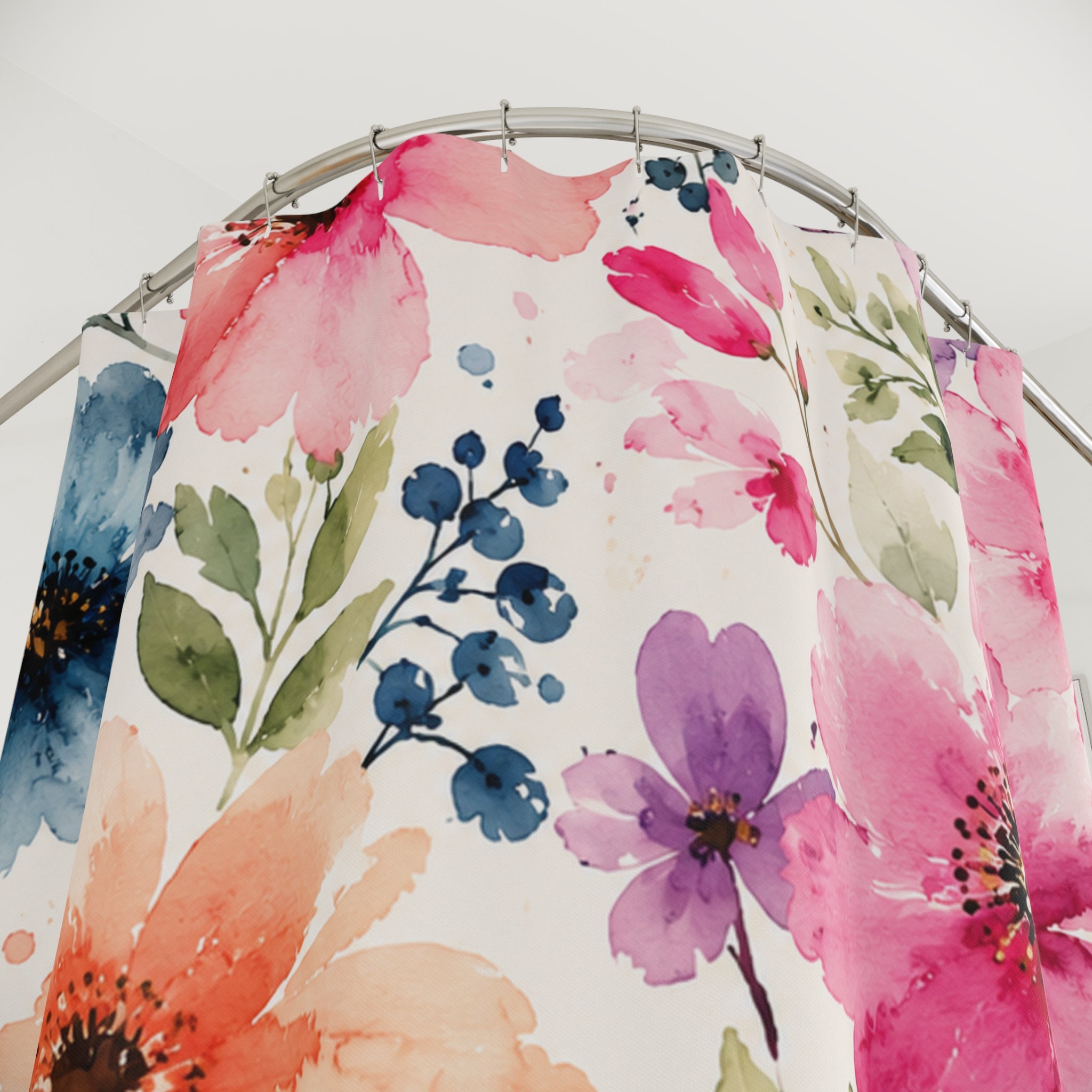 Floral Watercolor Shower Curtain — Pink & Blue Spring Flowers Bathroom Decor
