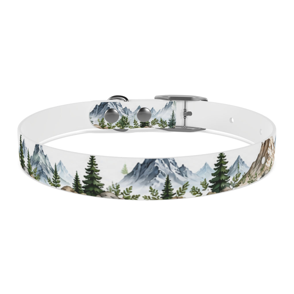 Mountain Pine Dog Collar — Watercolor Mountains & Evergreen Trees