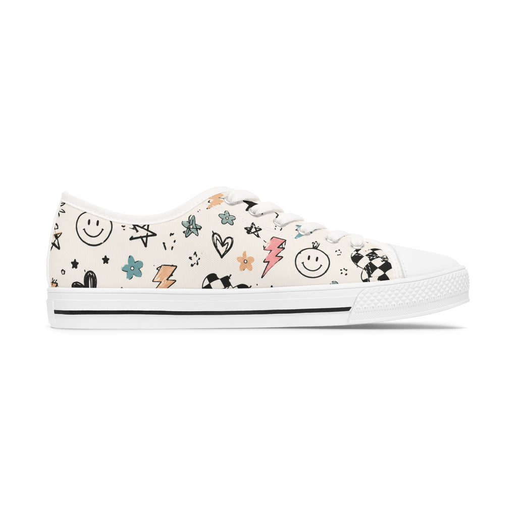 Low Top Sneakers — Playful Doodle Print Women's Canvas Shoes