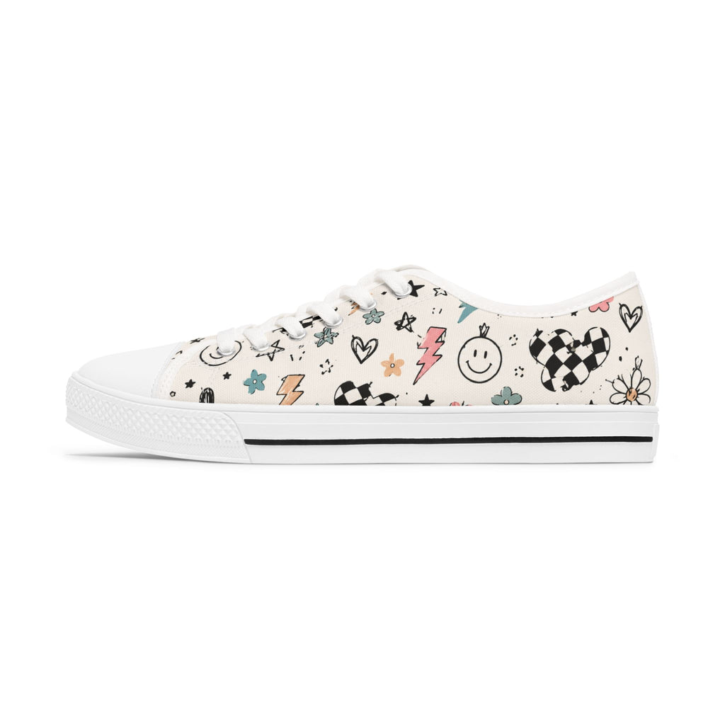Low Top Sneakers — Playful Doodle Print Women's Canvas Shoes