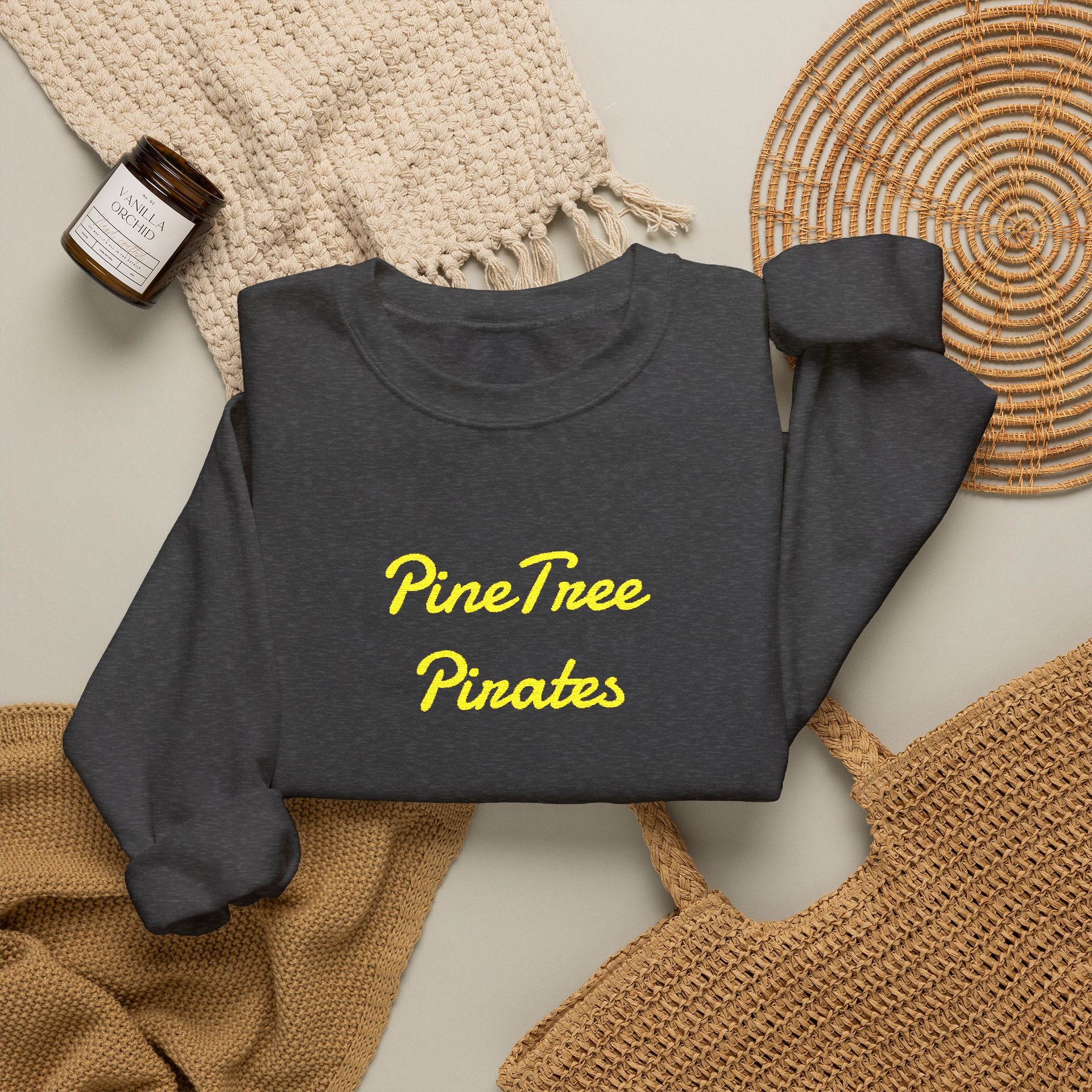 Crewneck Sweatshirt — "Pine Tree Paradise" Yellow Script Cozy Pullover