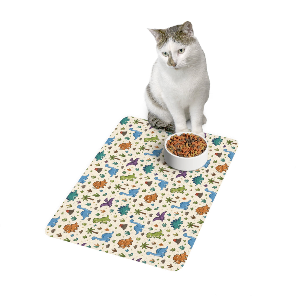 Dinosaur Pattern Pet Food Mat (12x18) — Cute Non-Slip Placemat for Dogs & Cats