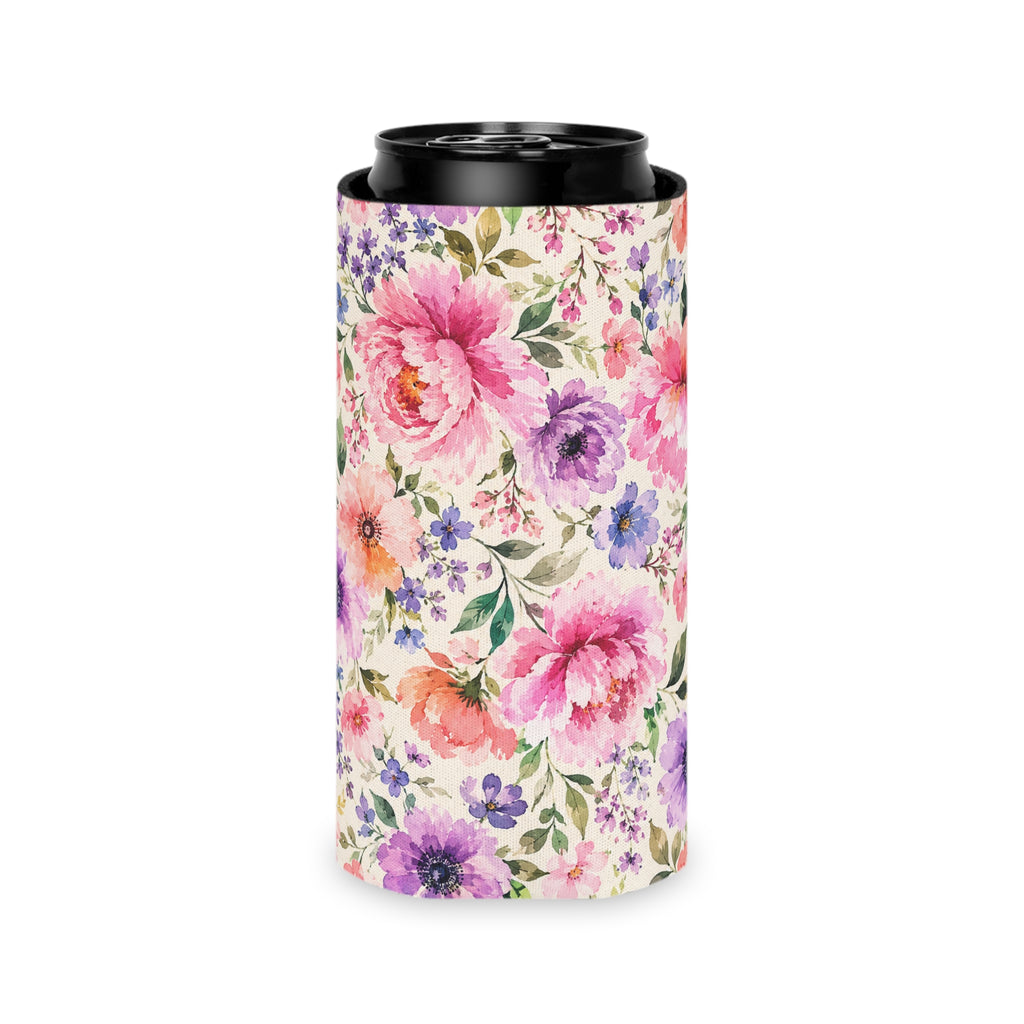 Floral Watercolor Can Cooler — Pink Peony Beverage Koozie