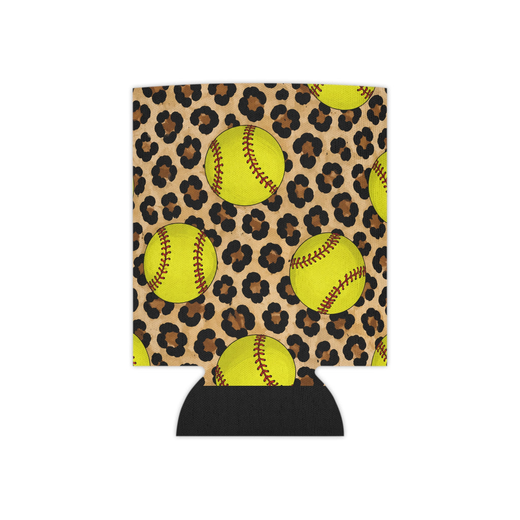Softball Leopard Can Cooler — Neon Softballs on Cheetah Print Drink Koozie