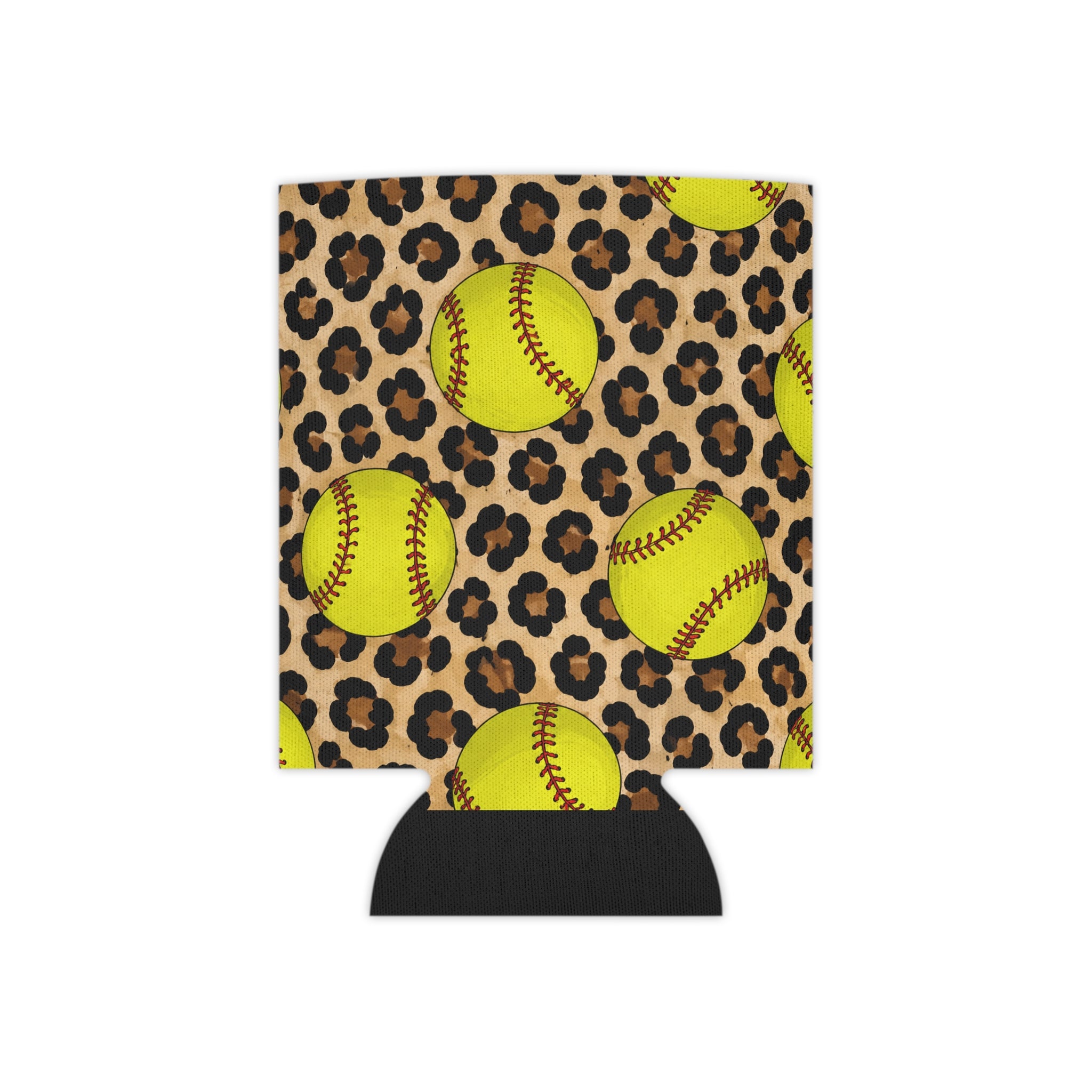 Softball Leopard Can Cooler — Neon Softballs on Cheetah Print Drink Koozie