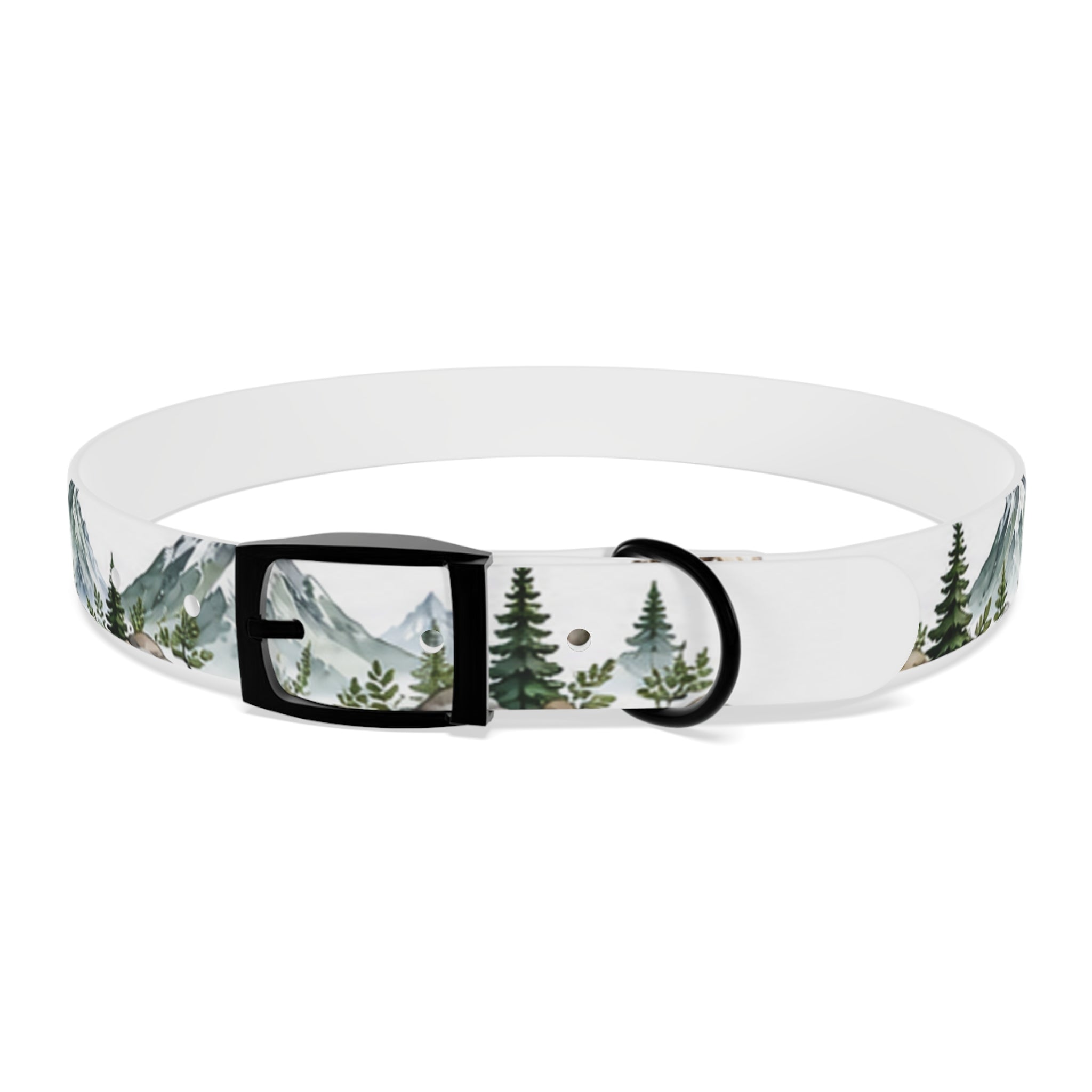 Mountain Pine Dog Collar — Watercolor Mountains & Evergreen Trees