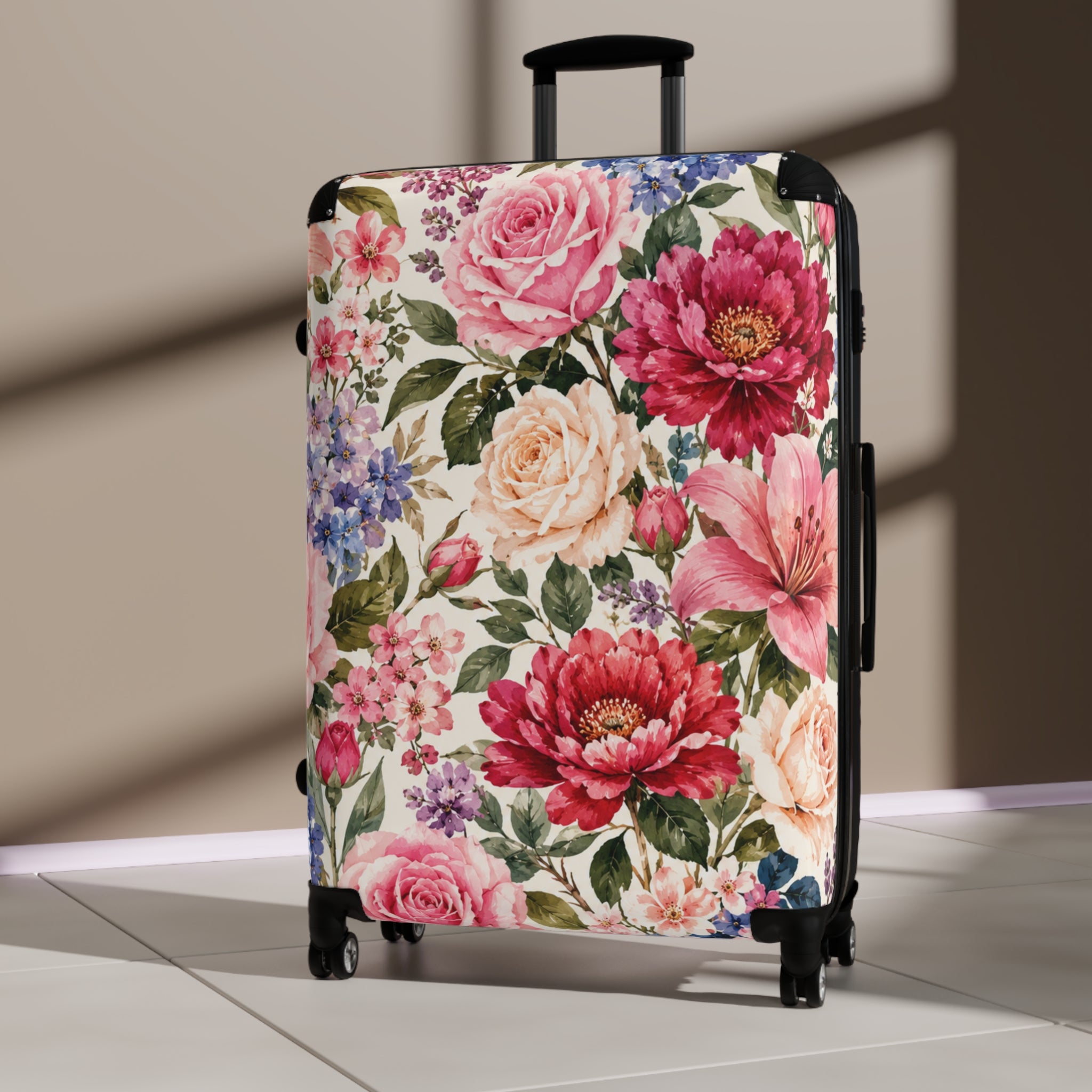 Floral Rose Garden Suitcase — Vintage Pink Peony Luggage Cover