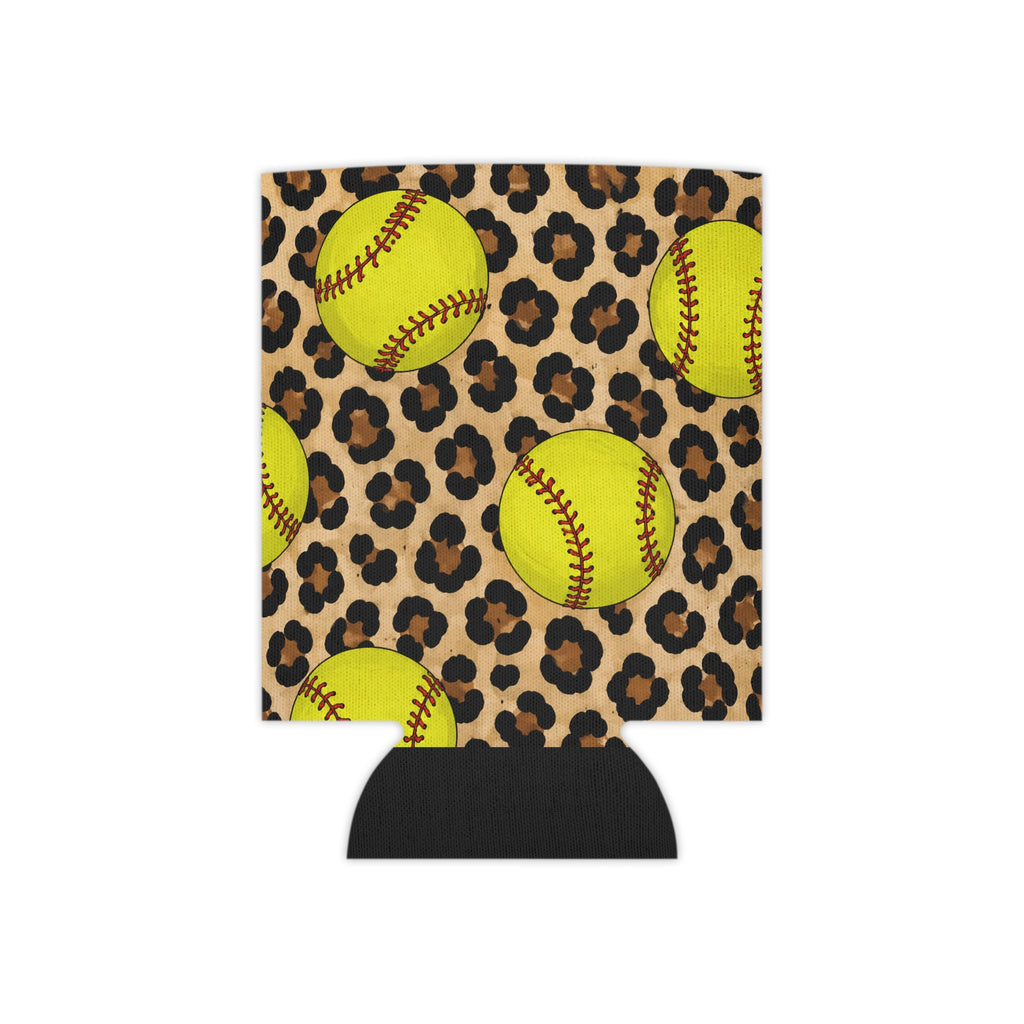 Softball Leopard Can Cooler — Neon Softballs on Cheetah Print Drink Koozie