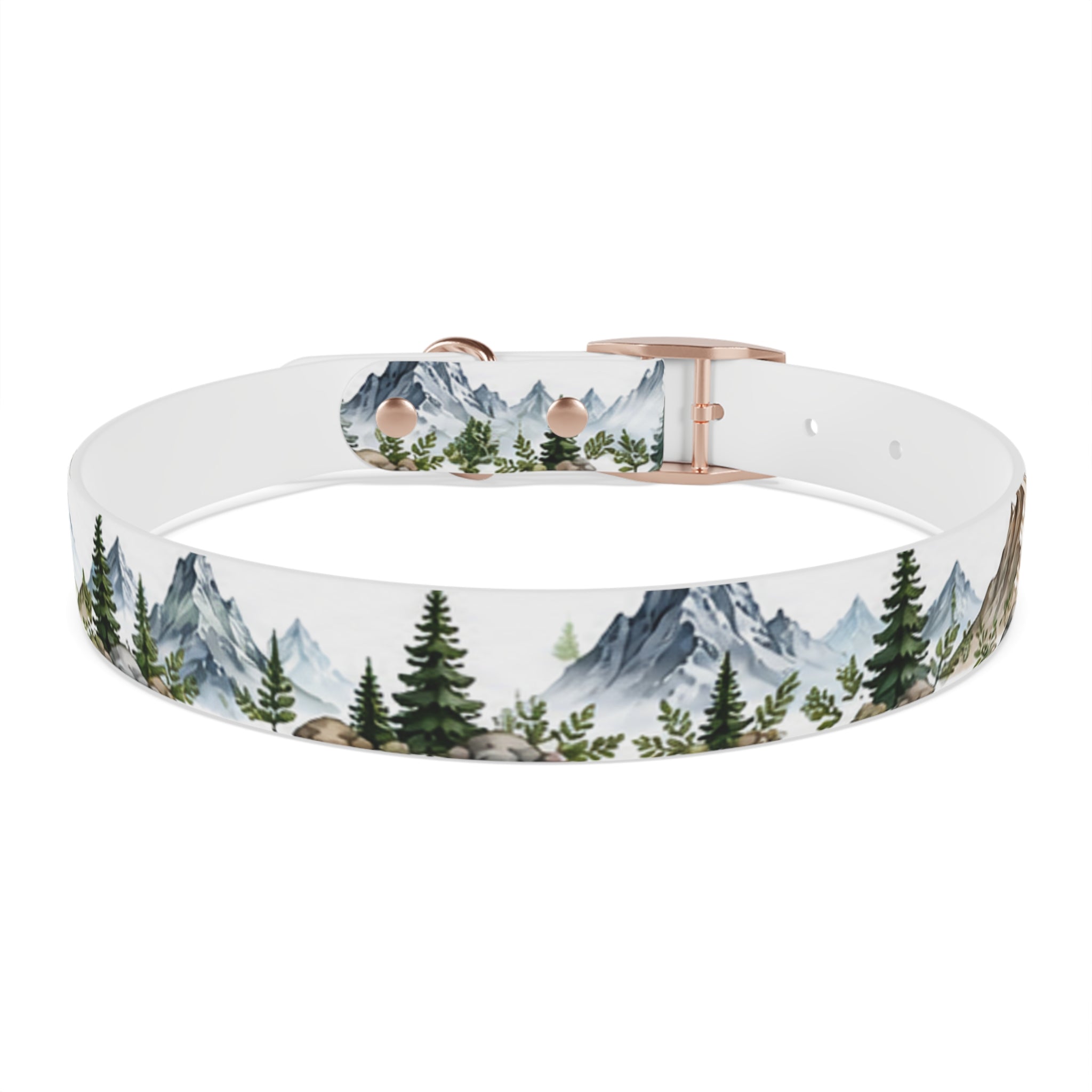 Mountain Pine Dog Collar — Watercolor Mountains & Evergreen Trees