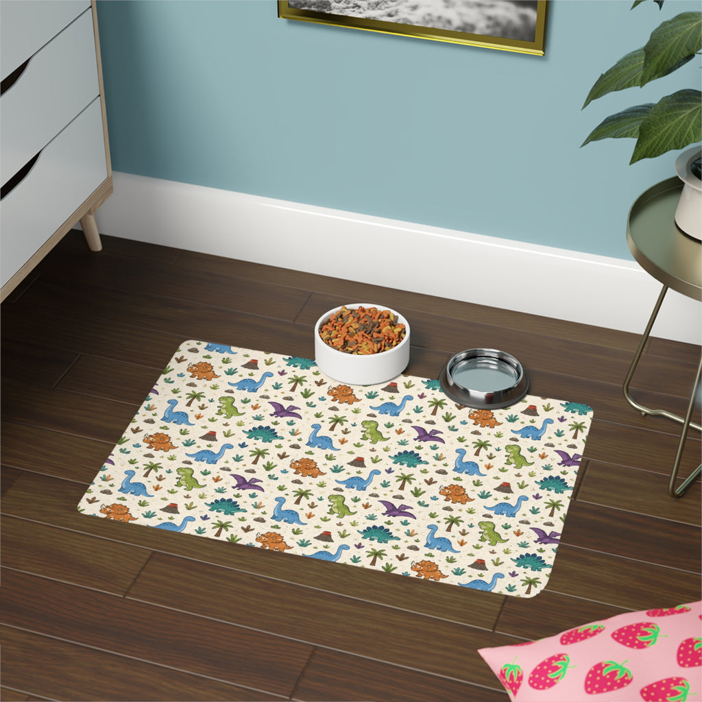 Dinosaur Pattern Pet Food Mat (12x18) — Cute Non-Slip Placemat for Dogs & Cats