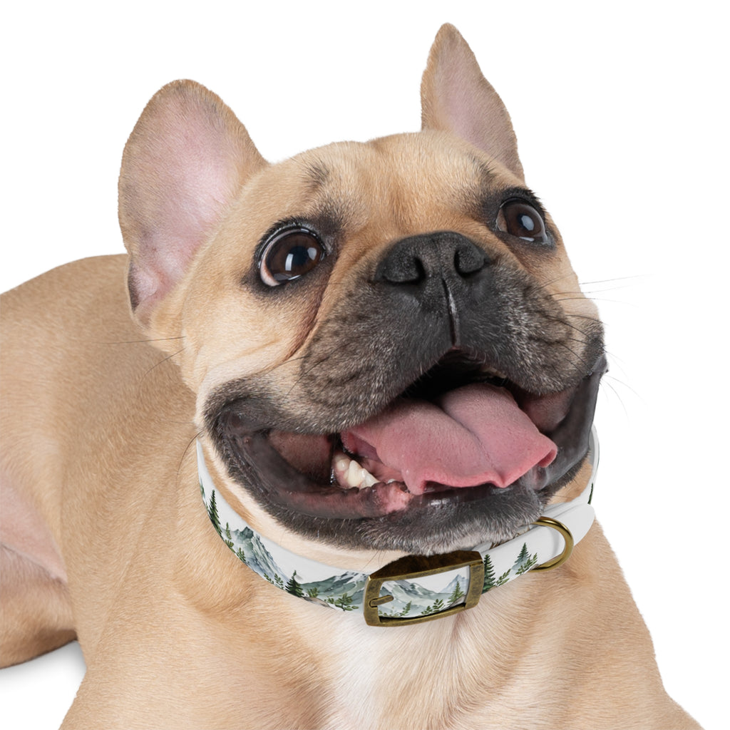 Mountain Pine Dog Collar — Watercolor Mountains & Evergreen Trees