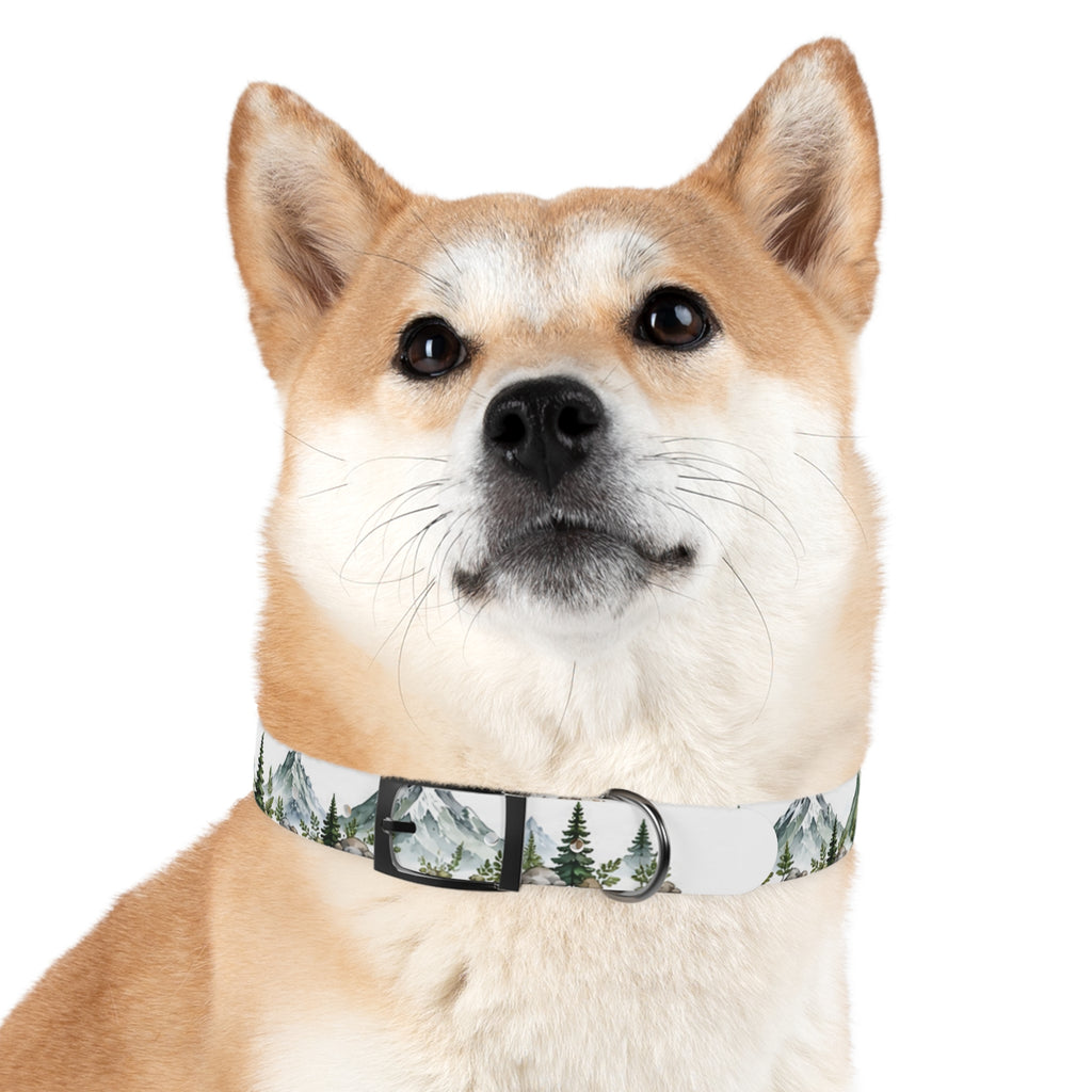 Mountain Pine Dog Collar — Watercolor Mountains & Evergreen Trees