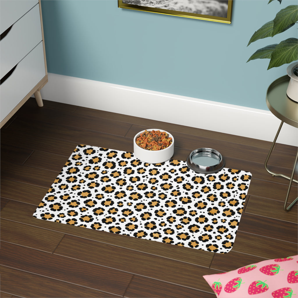 Leopard Print Pet Food Mat (12x18) — Non-Slip Waterproof Placemat for Dogs & Cats