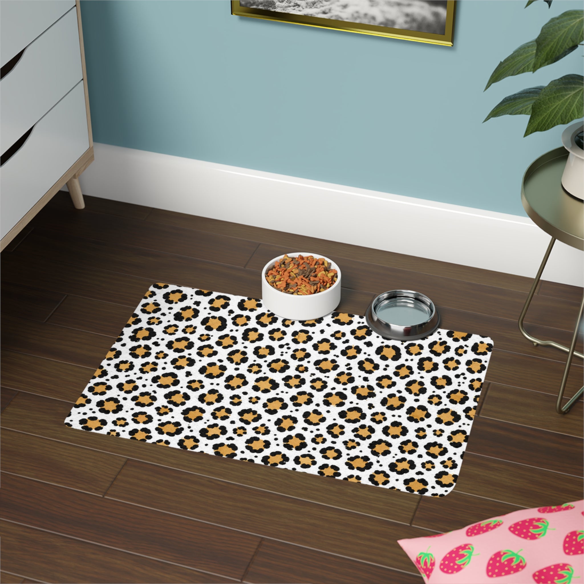 Leopard Print Pet Food Mat (12x18) — Non-Slip Waterproof Placemat for Dogs & Cats