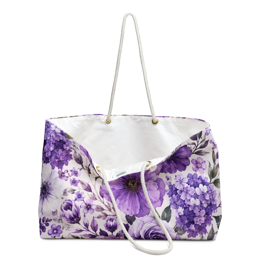 Purple Floral Weekender Bag — Large Travel Tote with Violet Rose & Anemone Print