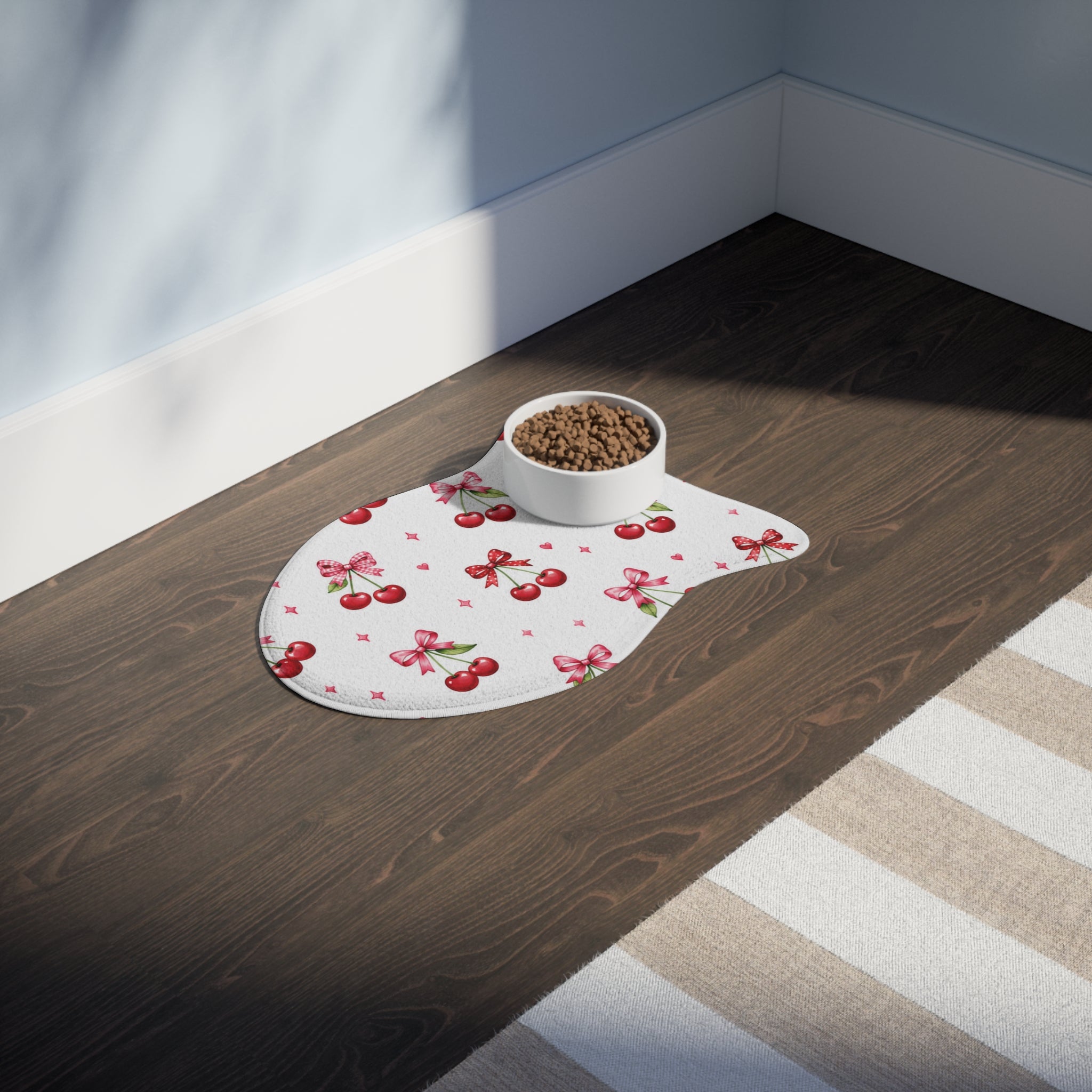 Cherry Bow Pet Feeding Mat — Cute Non-Slip Placemat for Dog & Cat Bowls