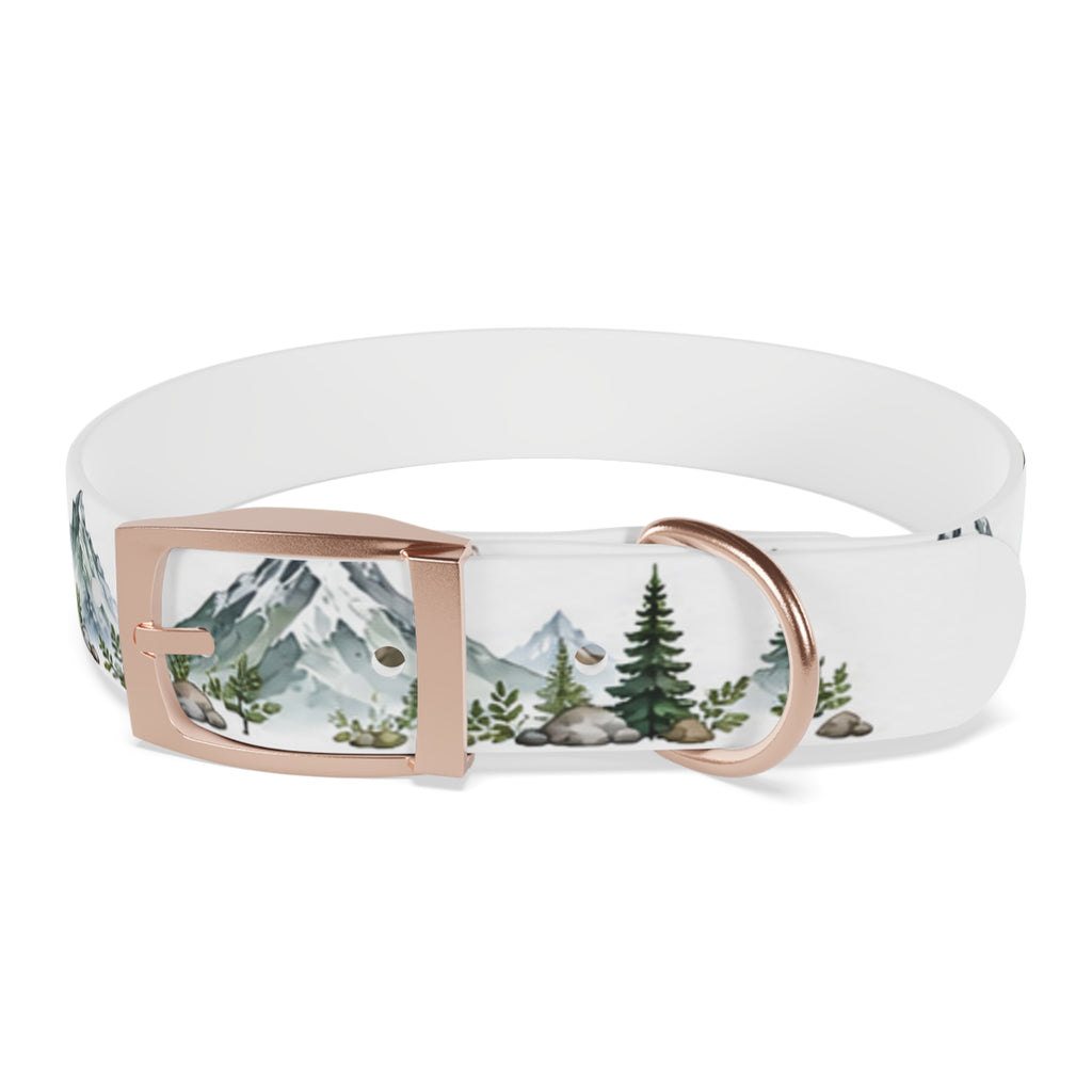 Mountain Pine Dog Collar — Watercolor Mountains & Evergreen Trees