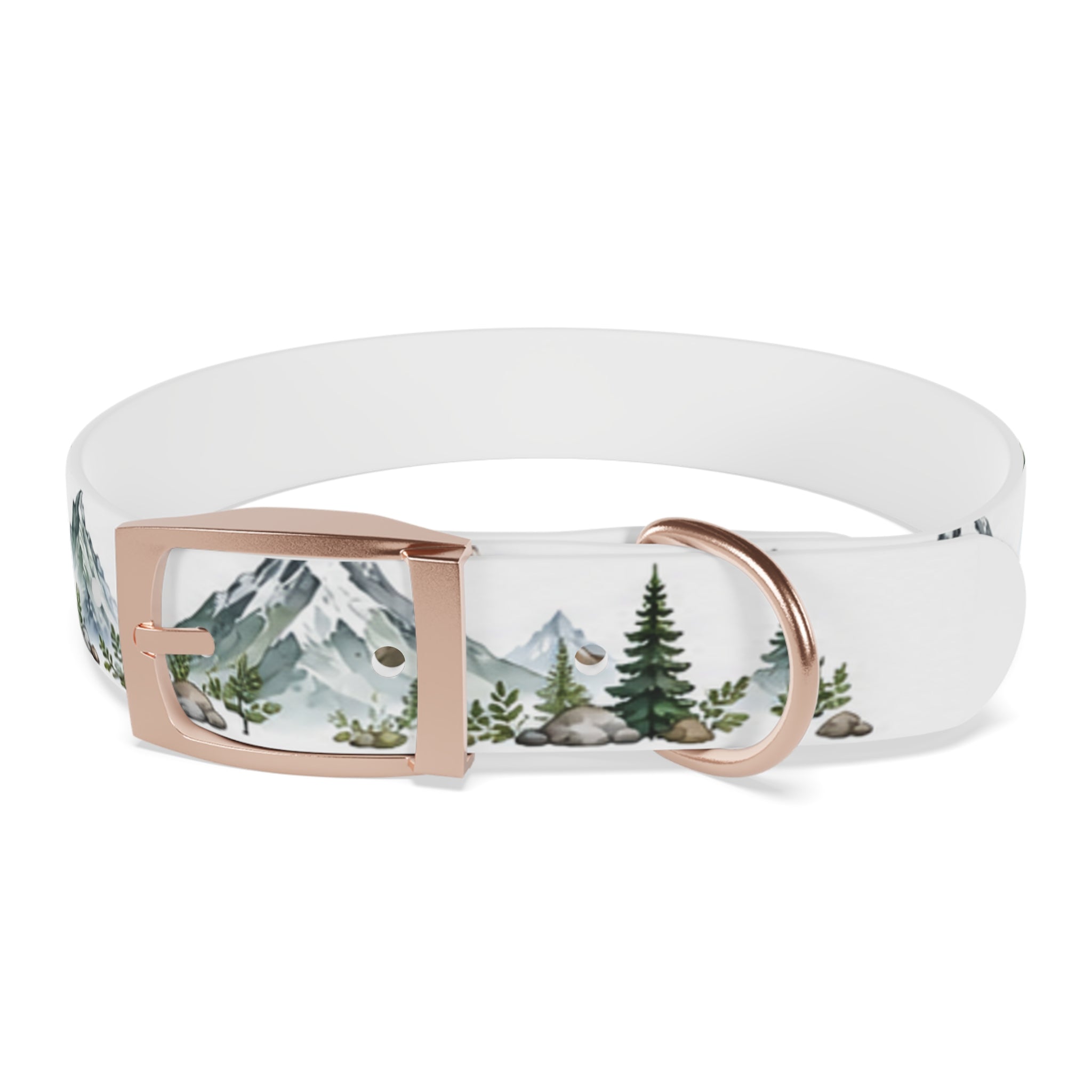 Mountain Pine Dog Collar — Watercolor Mountains & Evergreen Trees