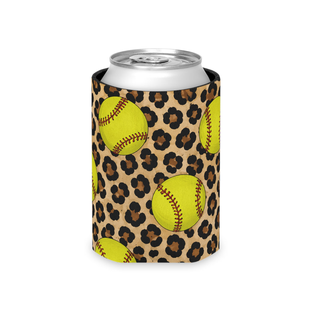 Softball Leopard Can Cooler — Neon Softballs on Cheetah Print Drink Koozie
