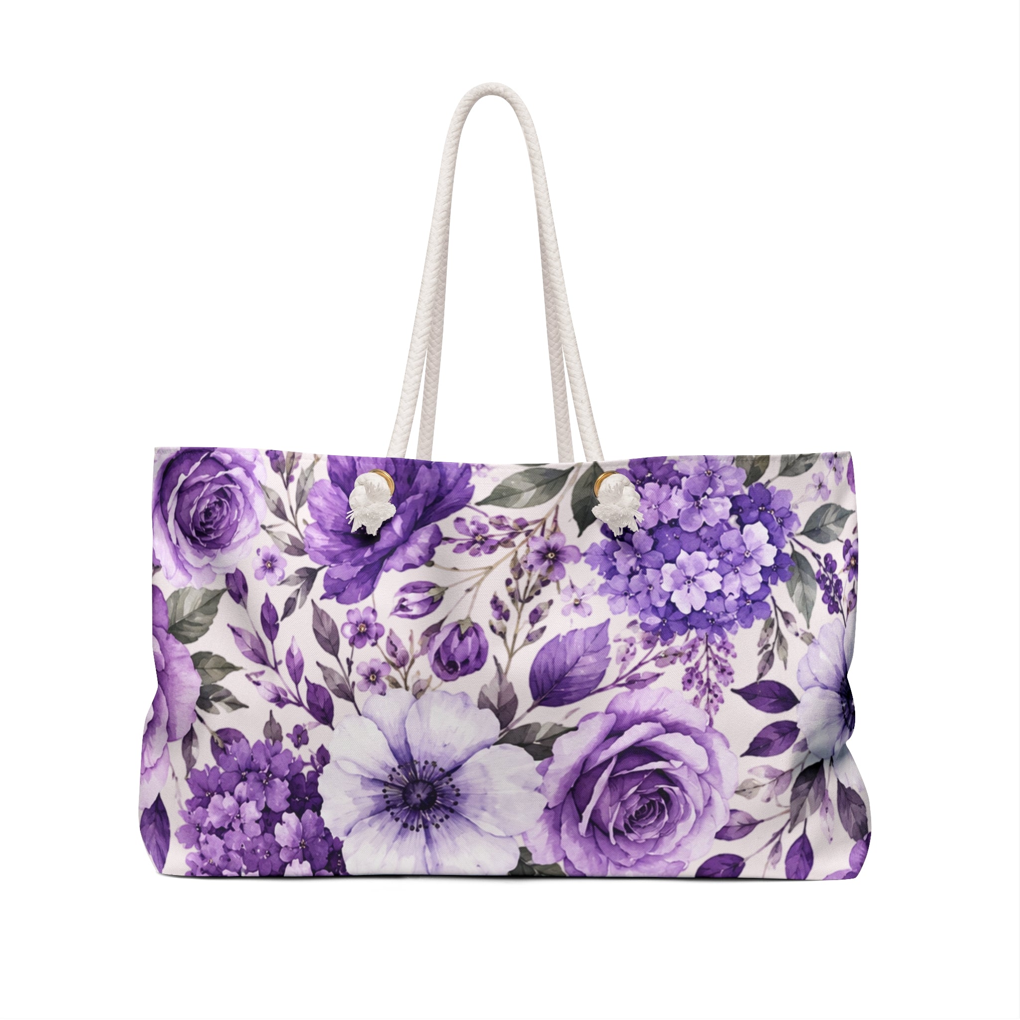 Purple Floral Weekender Bag — Large Travel Tote with Violet Rose & Anemone Print