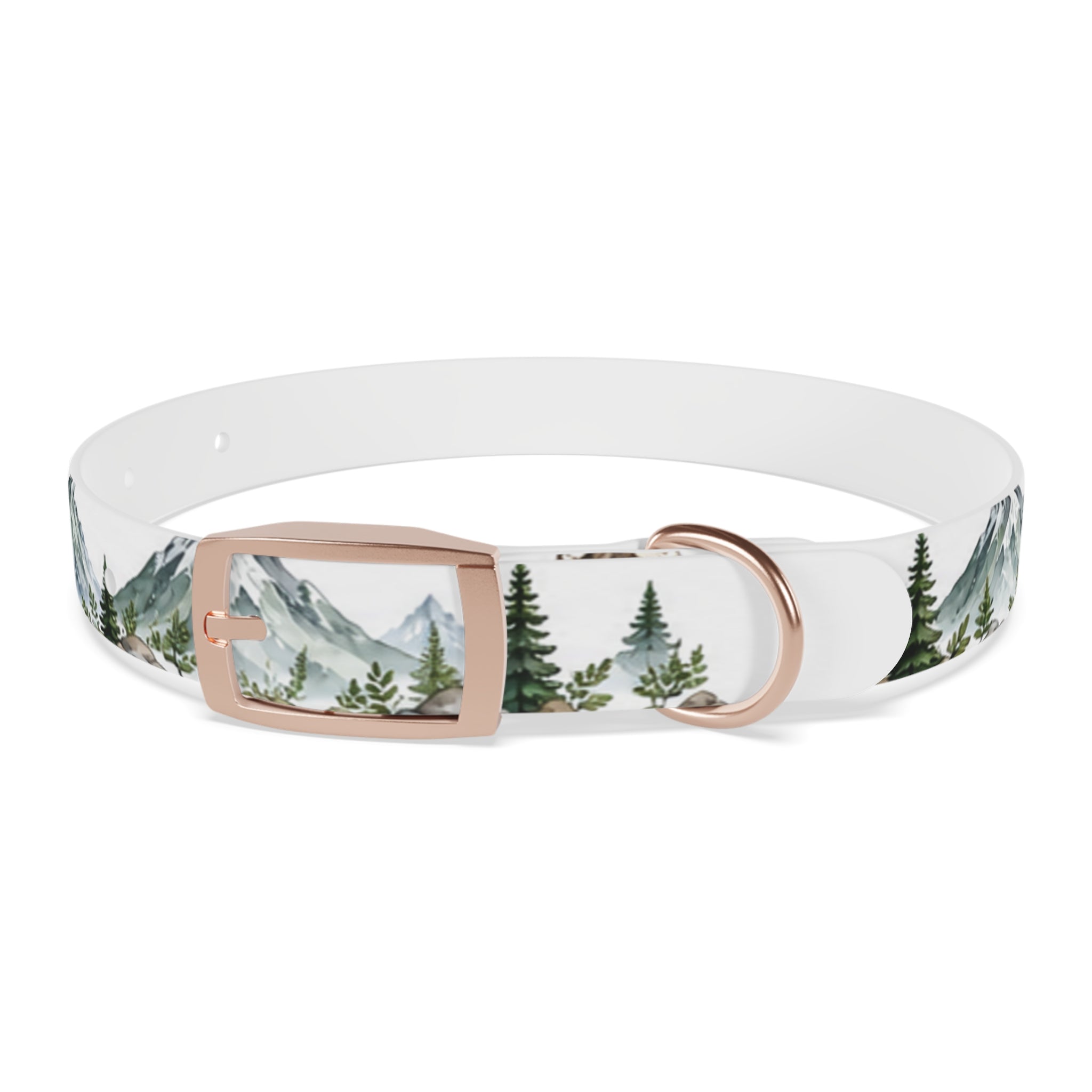 Mountain Pine Dog Collar — Watercolor Mountains & Evergreen Trees