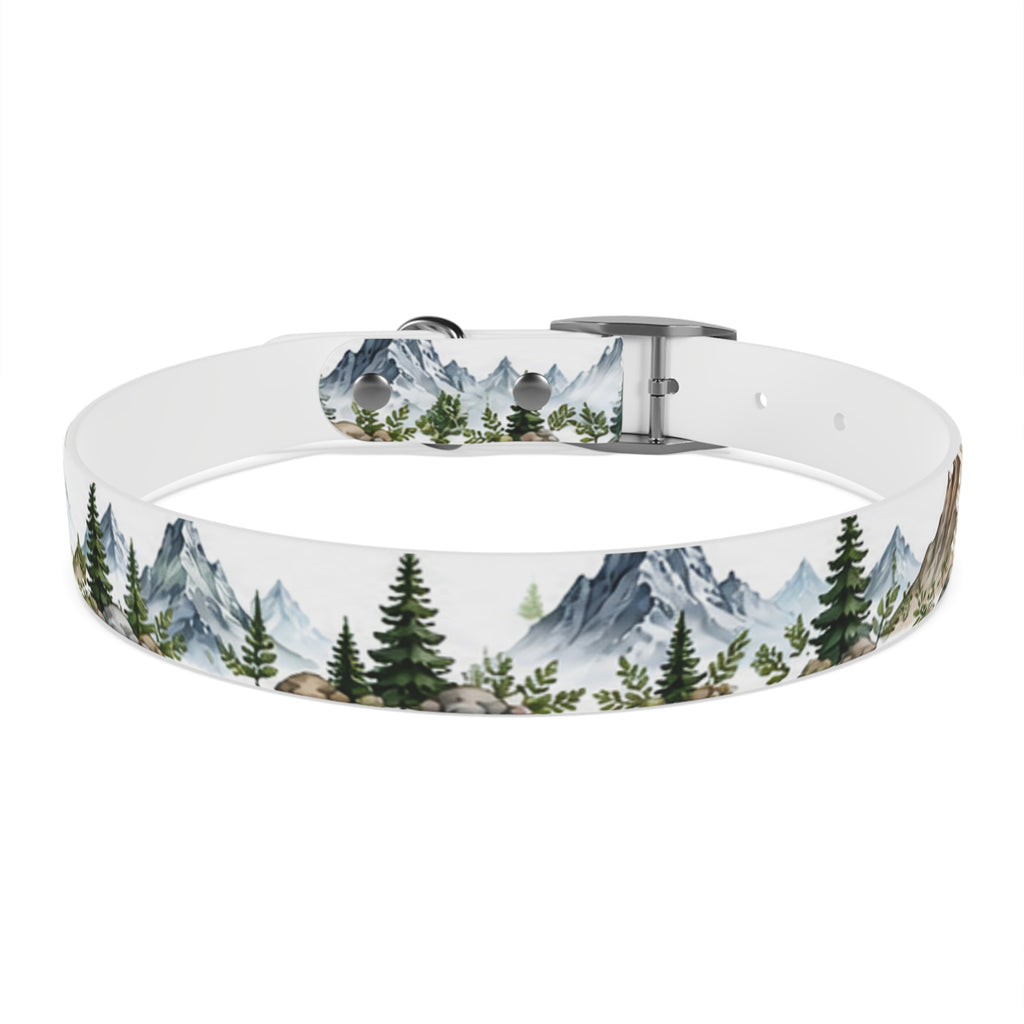 Mountain Pine Dog Collar — Watercolor Mountains & Evergreen Trees