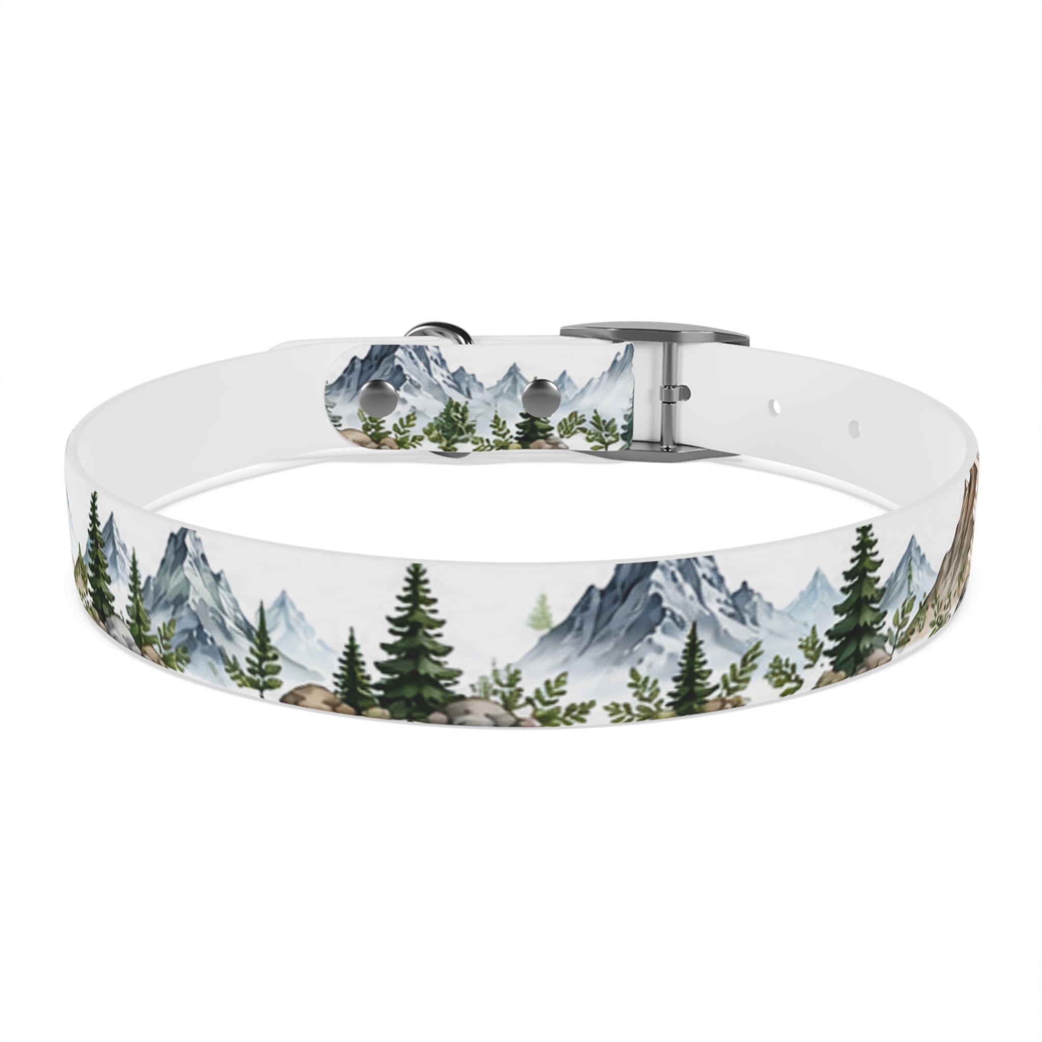 Mountain Pine Dog Collar — Watercolor Mountains & Evergreen Trees