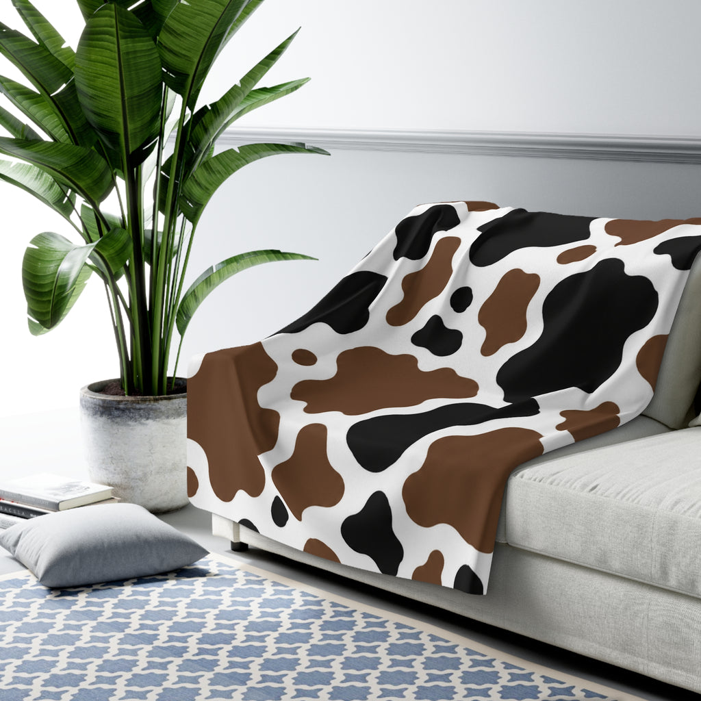 Cow Print Sherpa Blanket — Cozy Brown & Black Fleece Throw