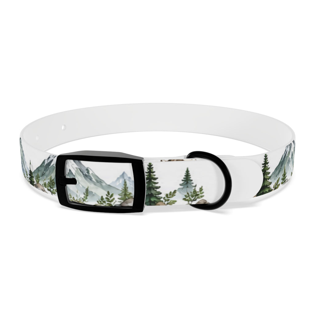 Mountain Pine Dog Collar — Watercolor Mountains & Evergreen Trees