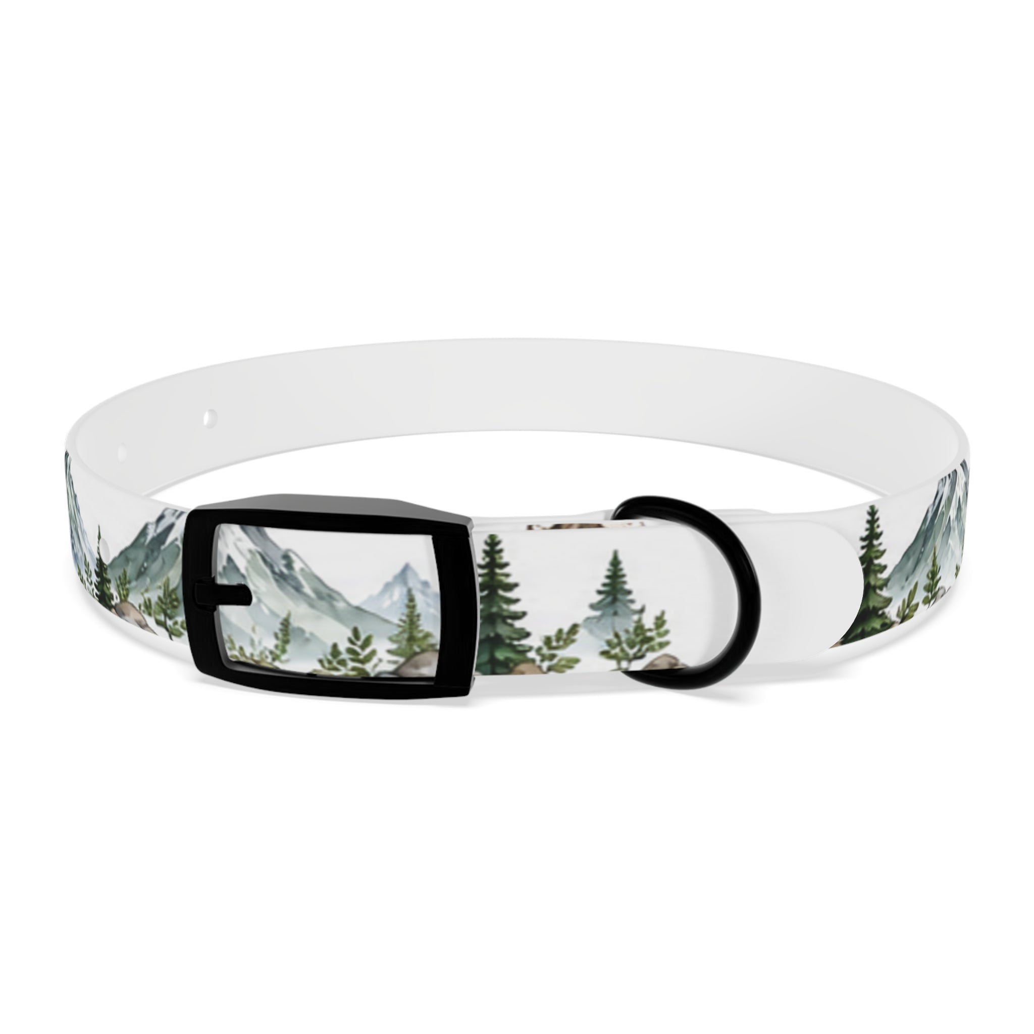 Mountain Pine Dog Collar — Watercolor Mountains & Evergreen Trees