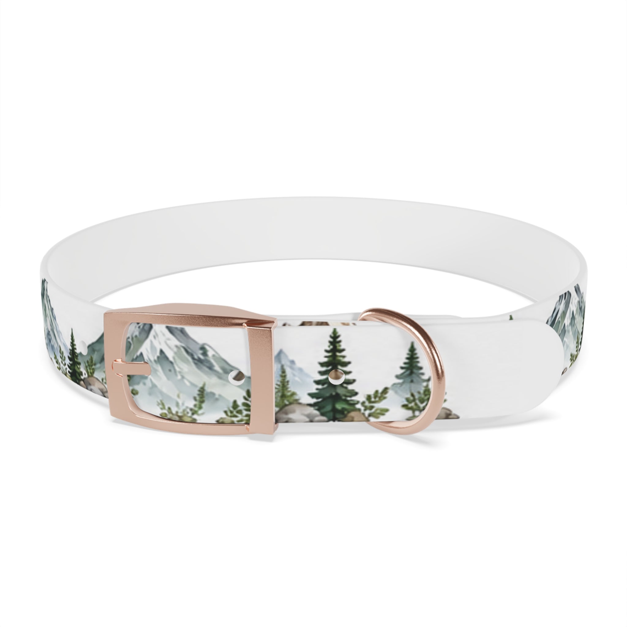 Mountain Pine Dog Collar — Watercolor Mountains & Evergreen Trees