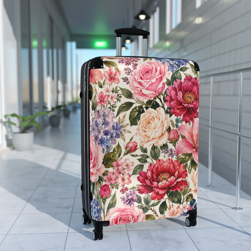 Floral Rose Garden Suitcase — Vintage Pink Peony Luggage Cover