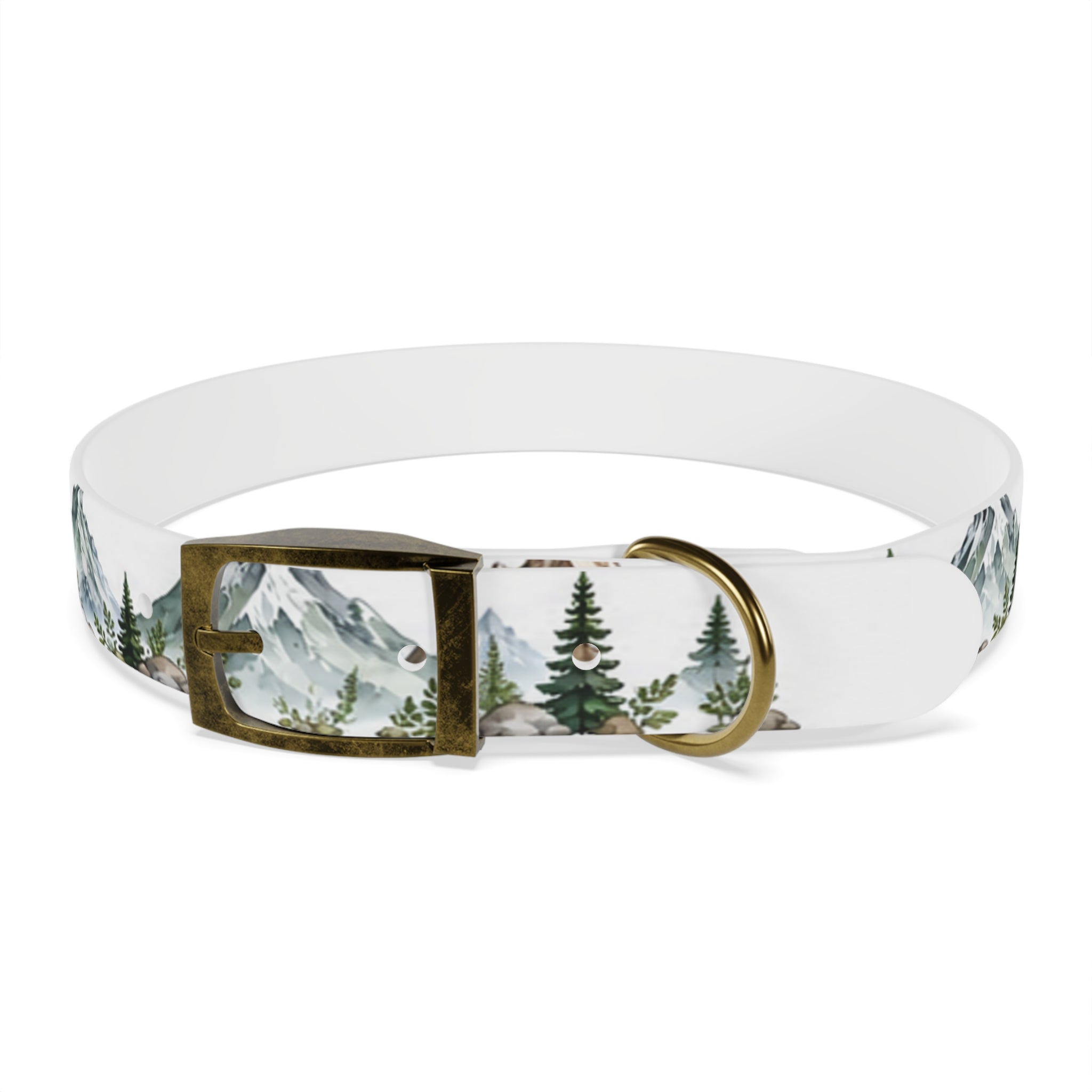 Mountain Pine Dog Collar — Watercolor Mountains & Evergreen Trees