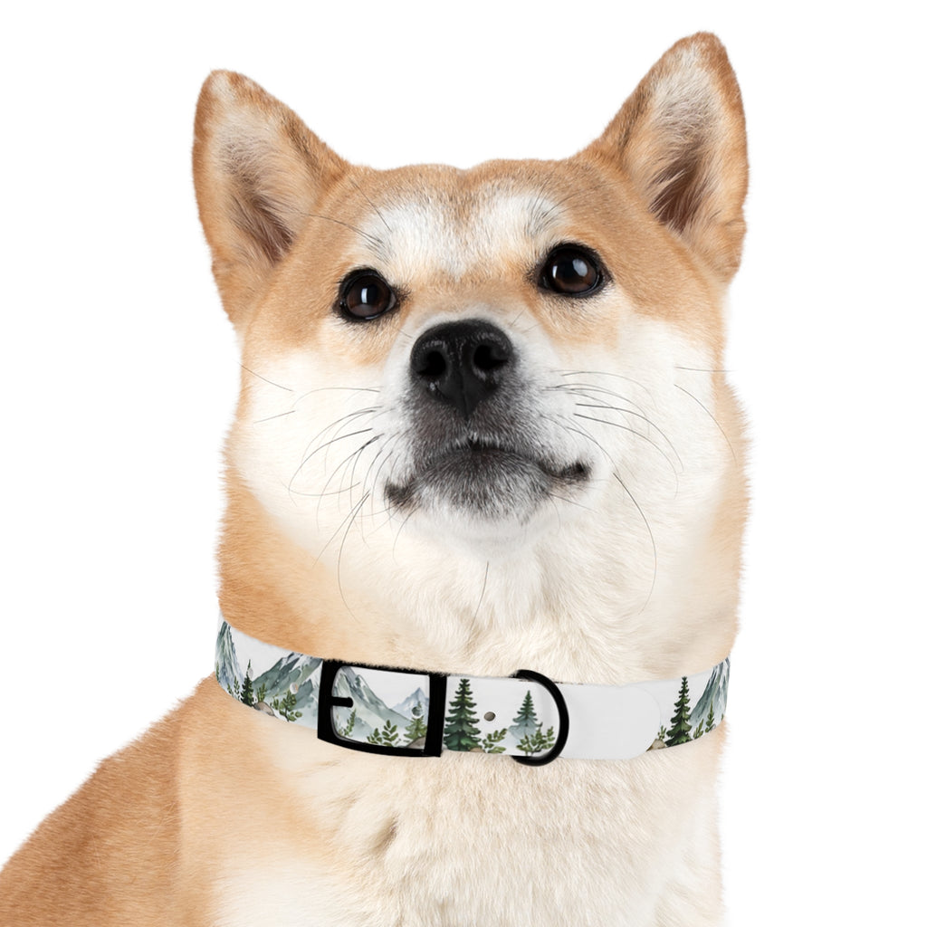 Mountain Pine Dog Collar — Watercolor Mountains & Evergreen Trees