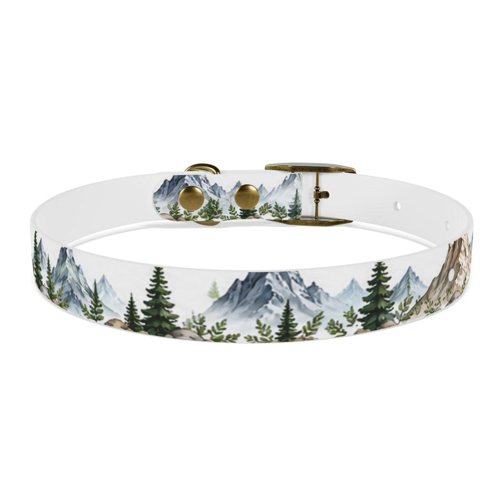 Mountain Pine Dog Collar — Watercolor Mountains & Evergreen Trees