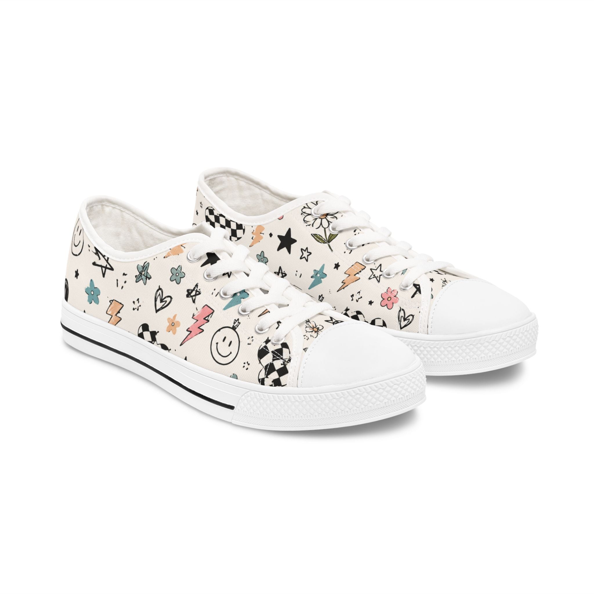Low Top Sneakers — Playful Doodle Print Women's Canvas Shoes