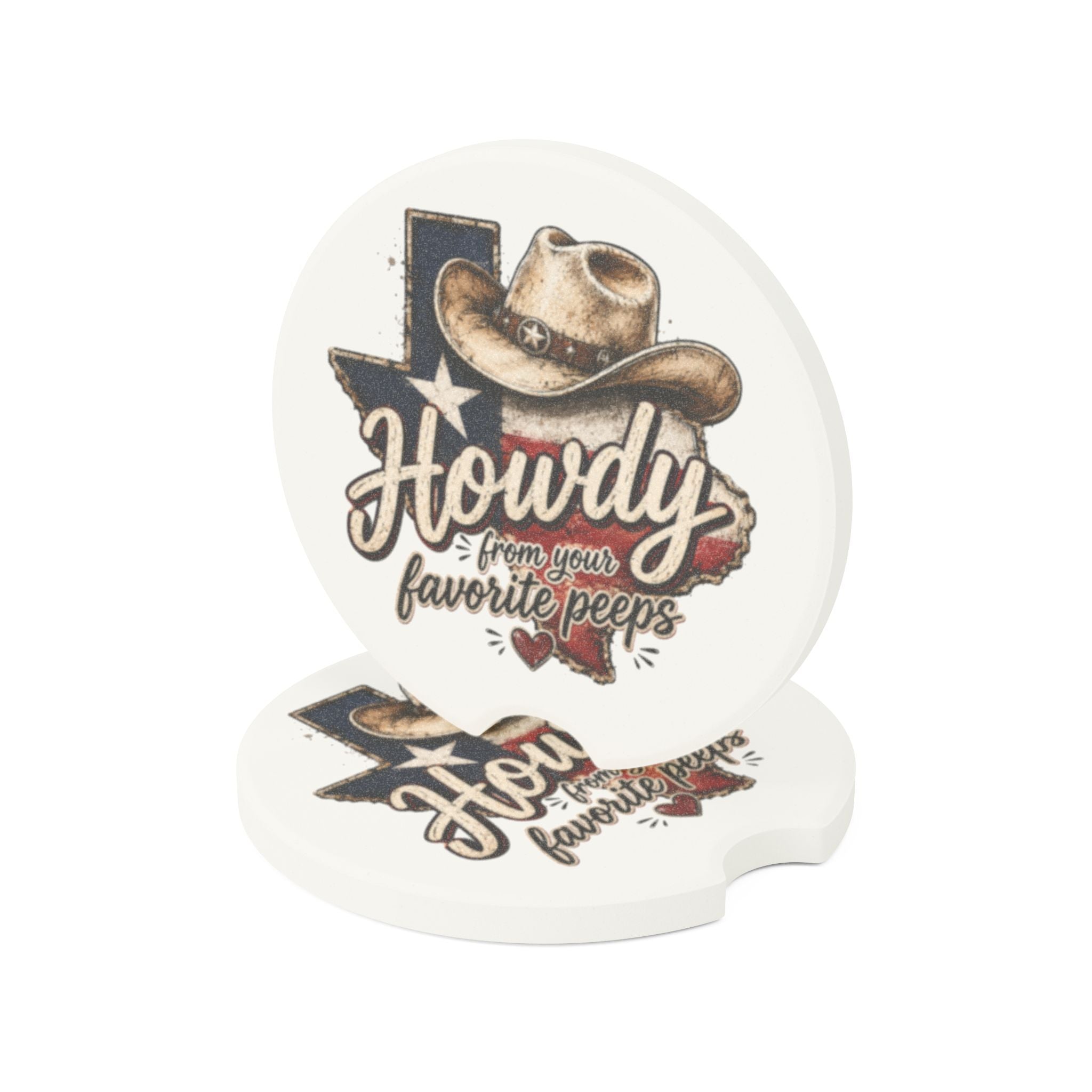 Howdy Texas Car Coaster — Soapstone Cup Holder Insert with Cowboy Hat Design
