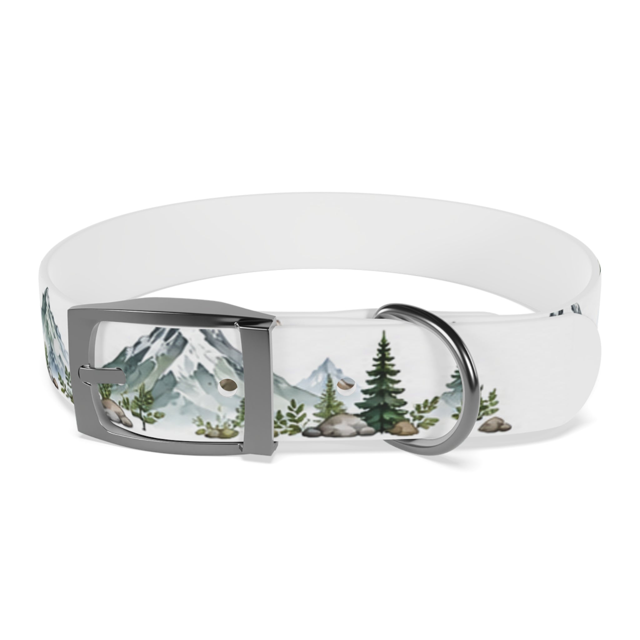 Mountain Pine Dog Collar — Watercolor Mountains & Evergreen Trees