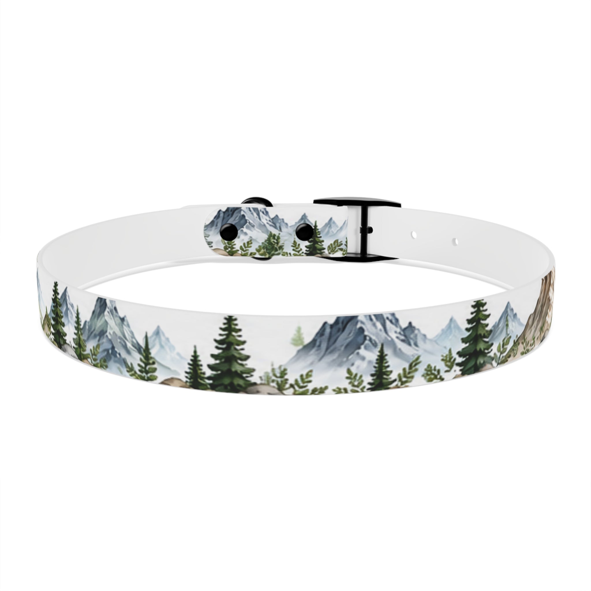 Mountain Pine Dog Collar — Watercolor Mountains & Evergreen Trees