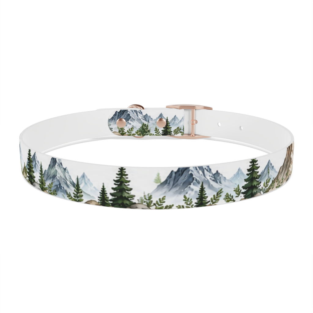 Mountain Pine Dog Collar — Watercolor Mountains & Evergreen Trees