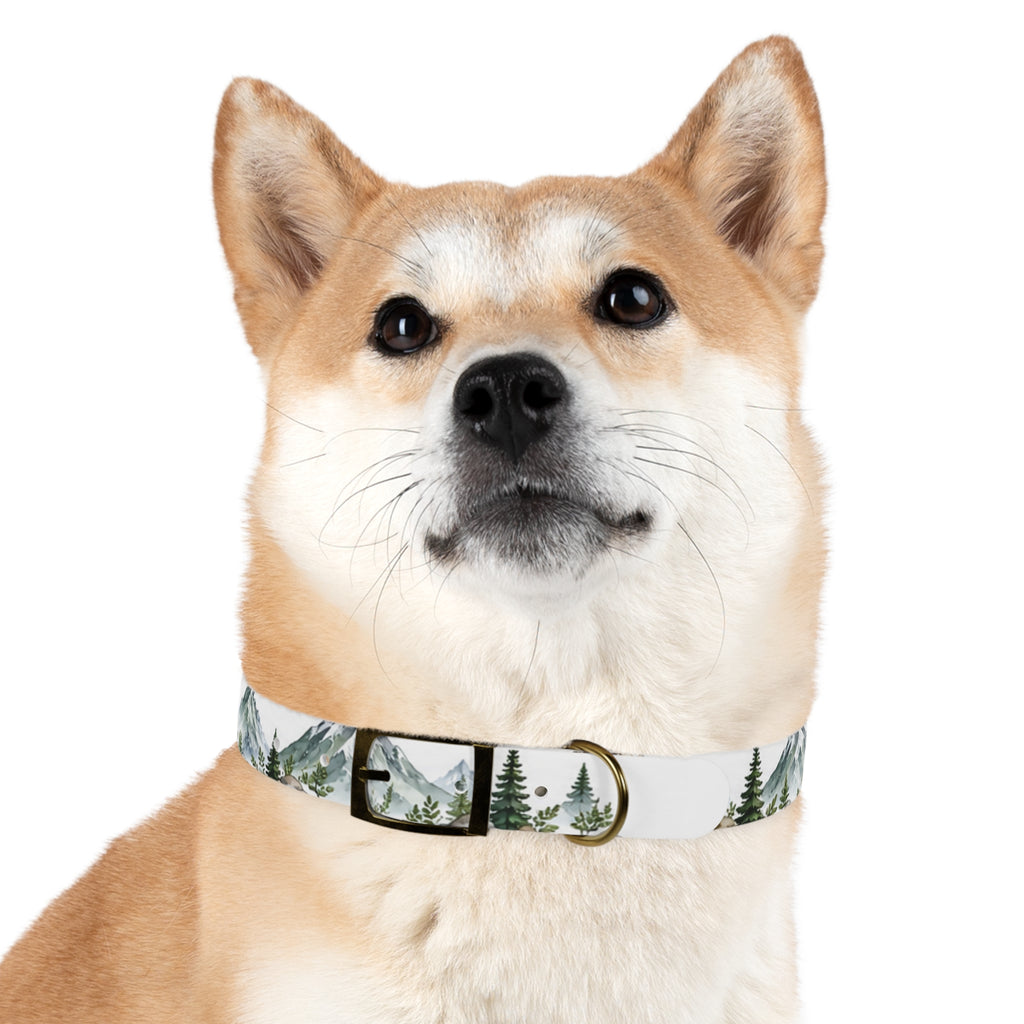Mountain Pine Dog Collar — Watercolor Mountains & Evergreen Trees