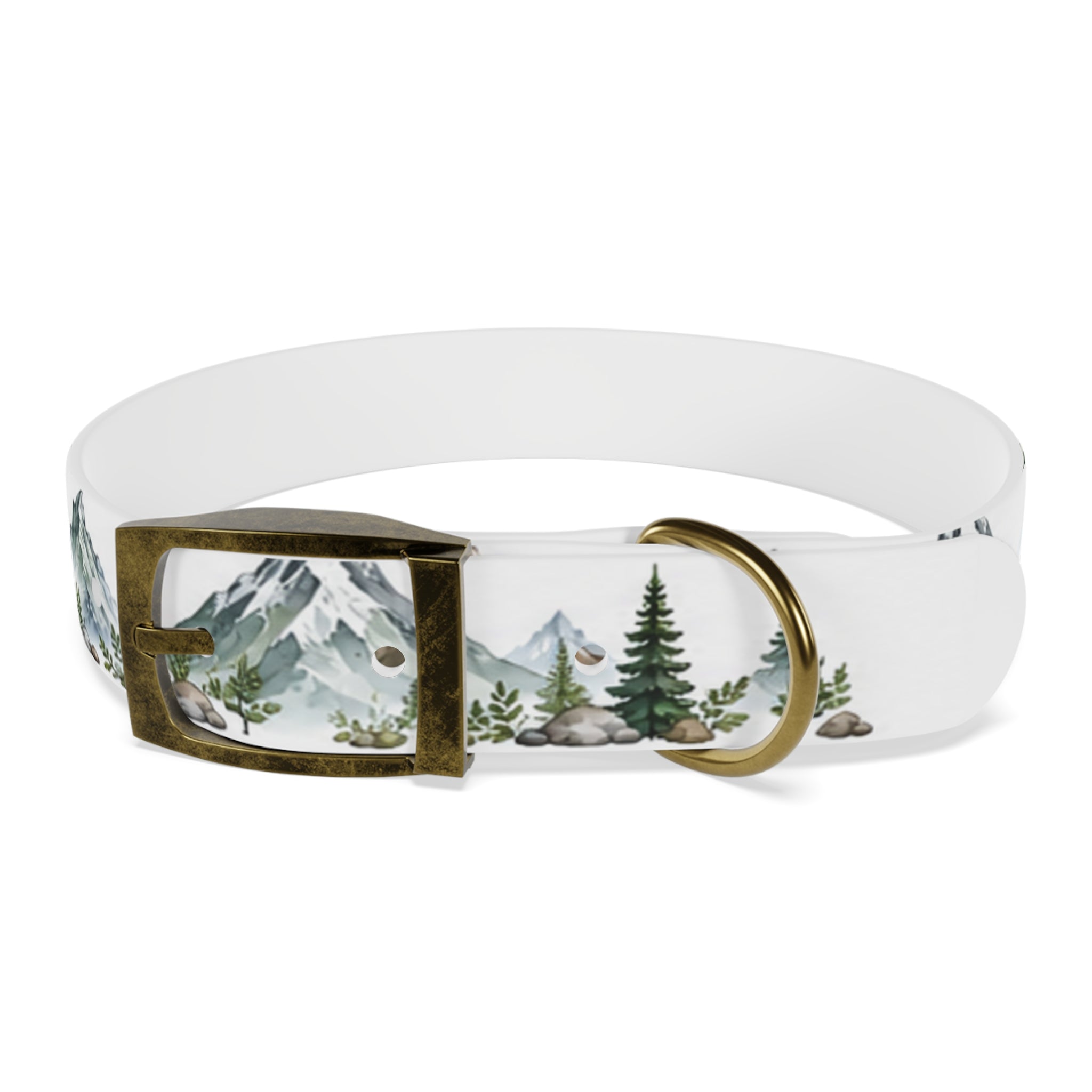 Mountain Pine Dog Collar — Watercolor Mountains & Evergreen Trees