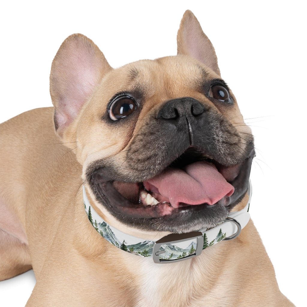 Mountain Pine Dog Collar — Watercolor Mountains & Evergreen Trees