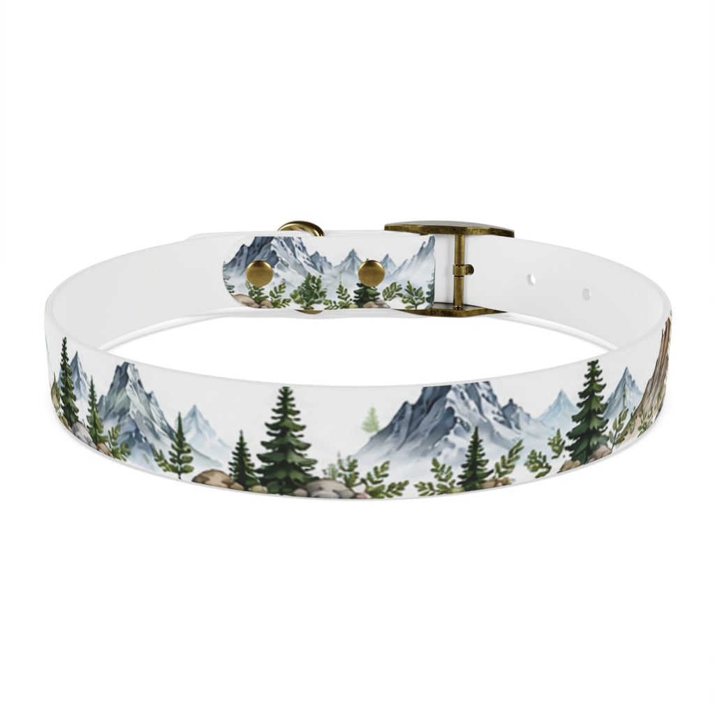 Mountain Pine Dog Collar — Watercolor Mountains & Evergreen Trees