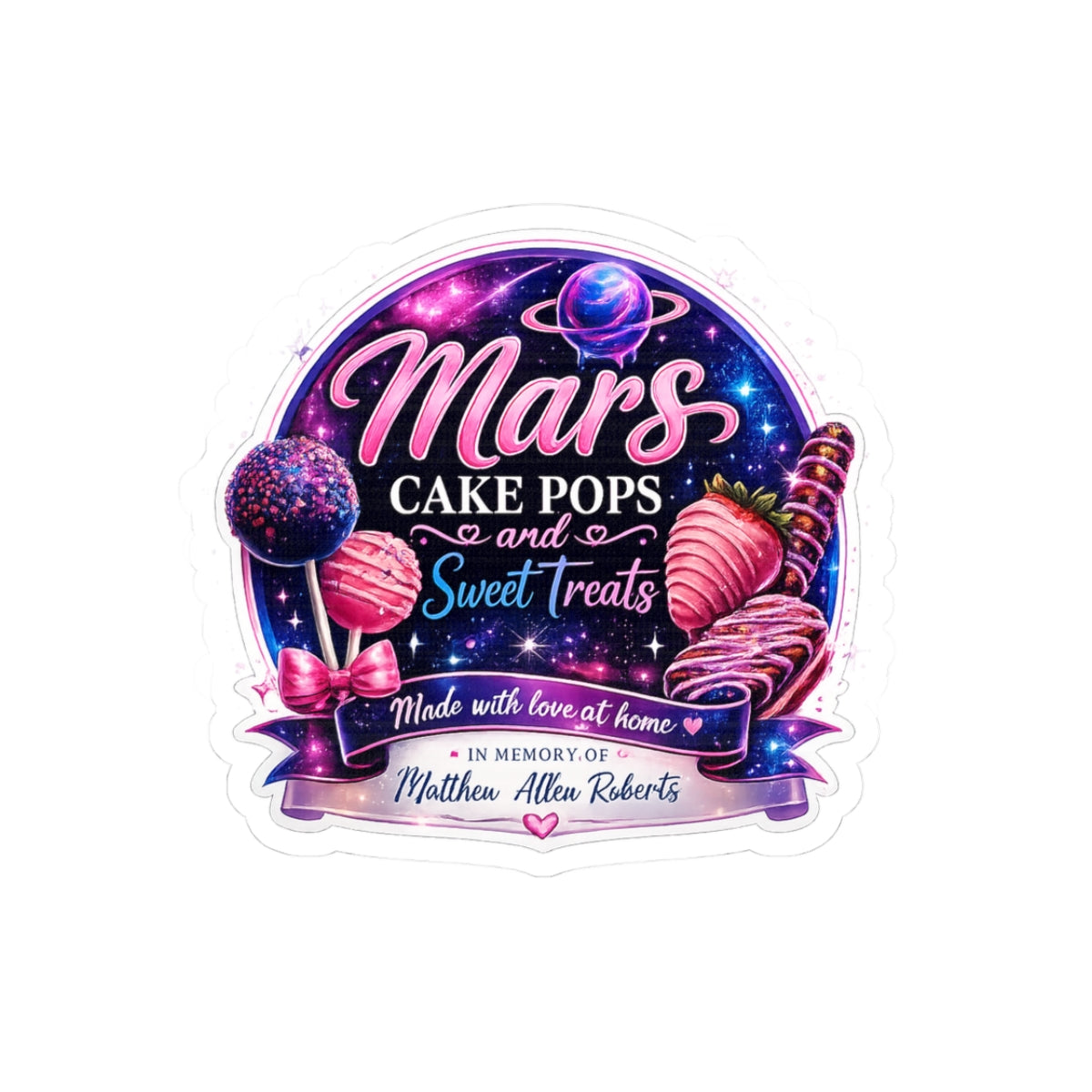 Kiss-Cut Sticker — 'Mars Cake Pops and Sweet Treats' Retro Space Bakery Decal