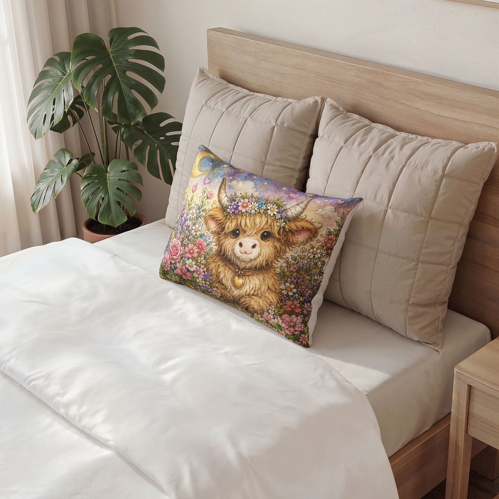 Cute Highland Cow Floral Pillow Sham — Whimsical Nursery Decorative Pillowcase