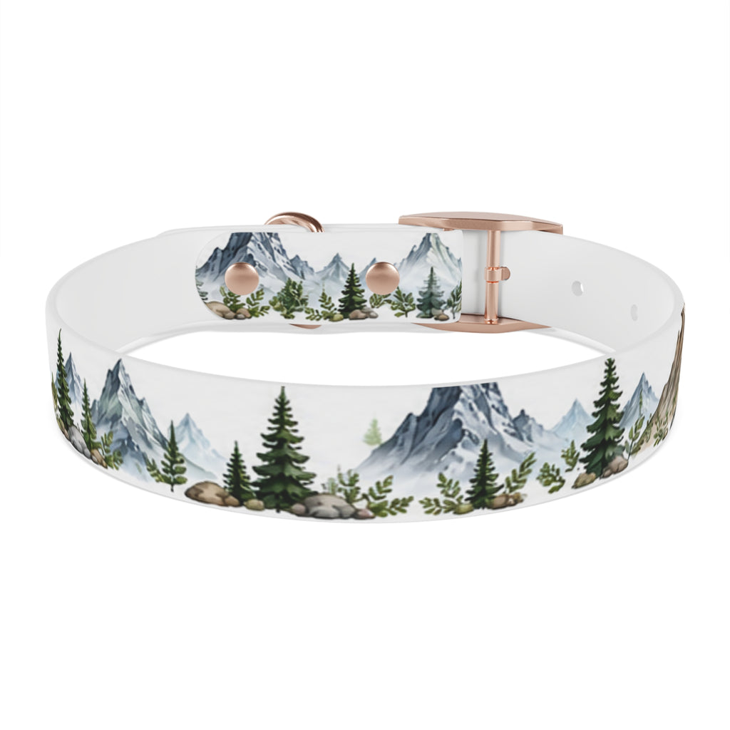 Mountain Pine Dog Collar — Watercolor Mountains & Evergreen Trees