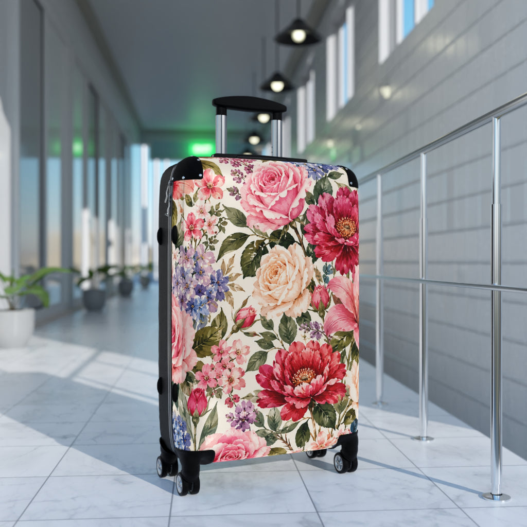 Floral Rose Garden Suitcase — Vintage Pink Peony Luggage Cover