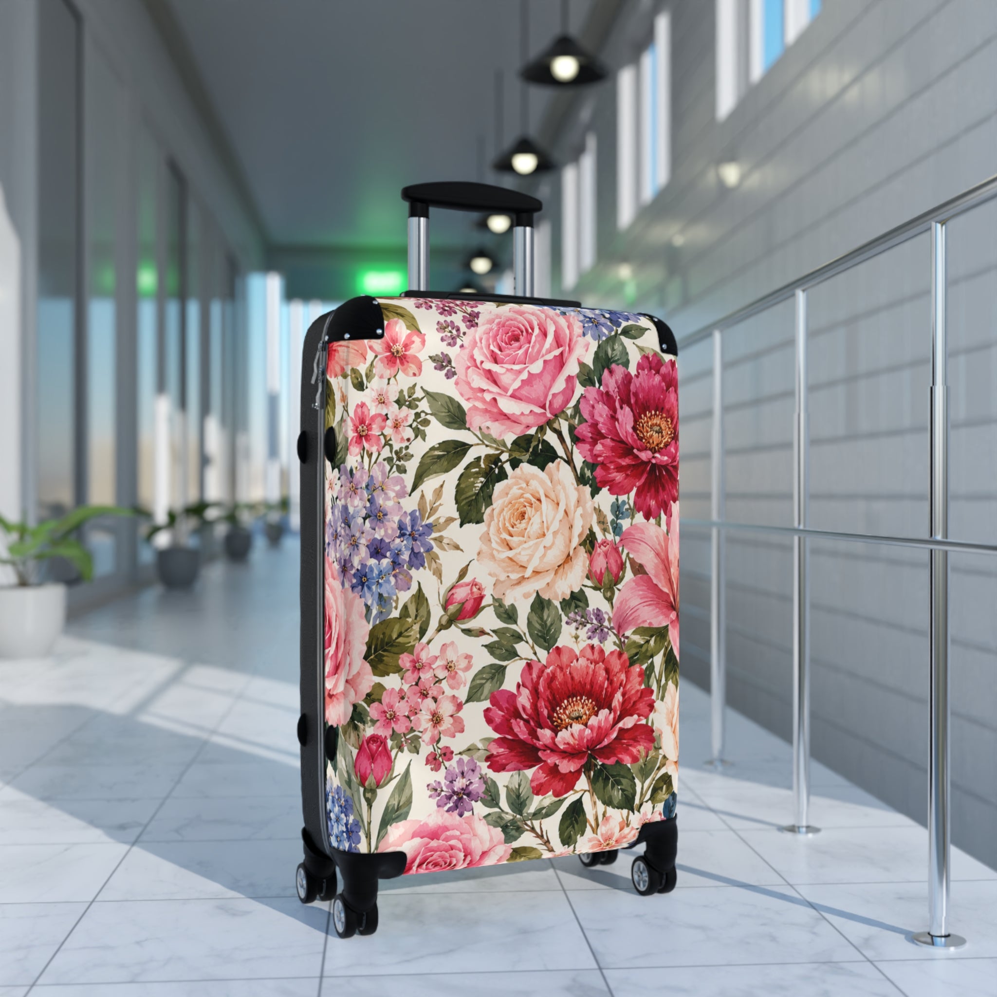 Floral Rose Garden Suitcase — Vintage Pink Peony Luggage Cover