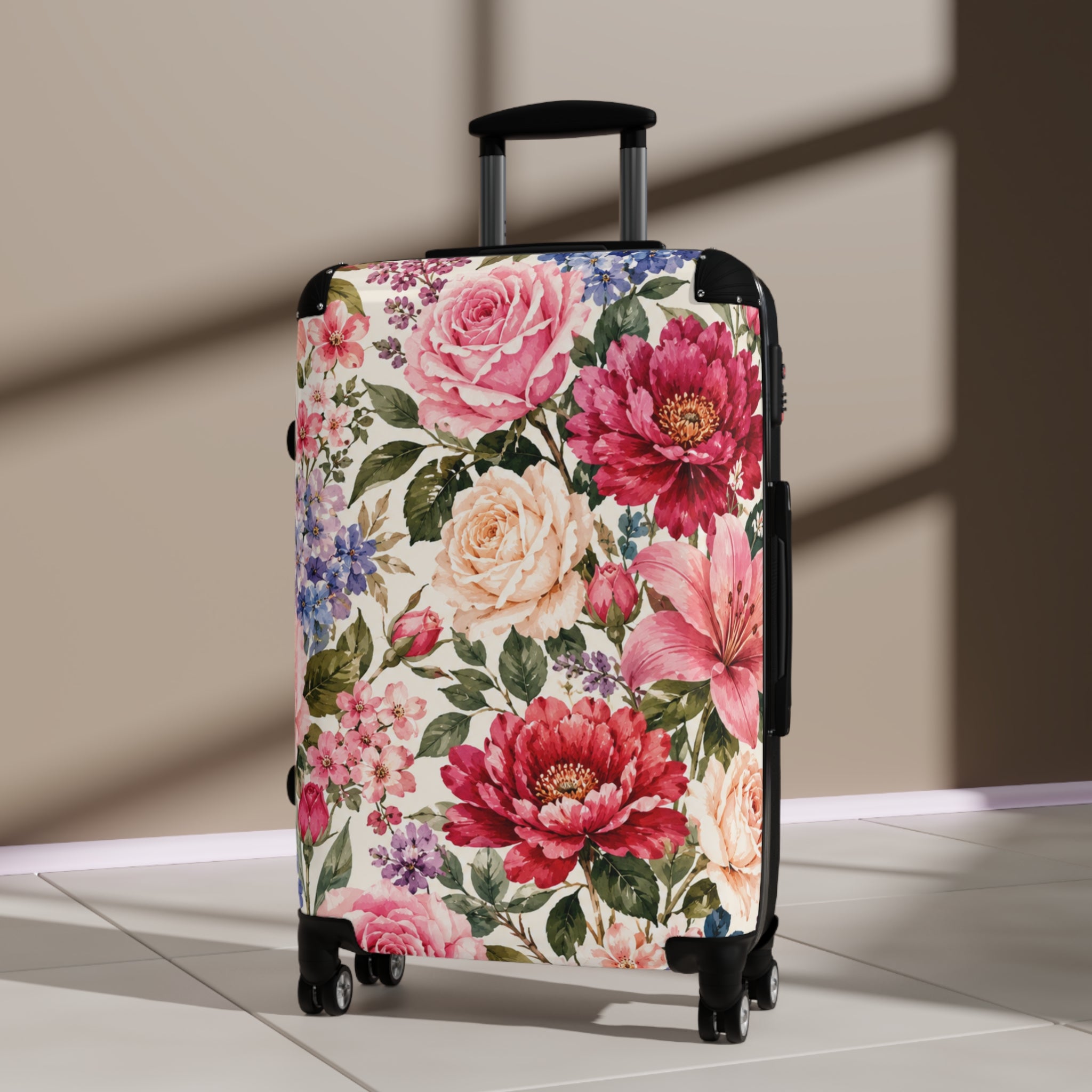 Floral Rose Garden Suitcase — Vintage Pink Peony Luggage Cover